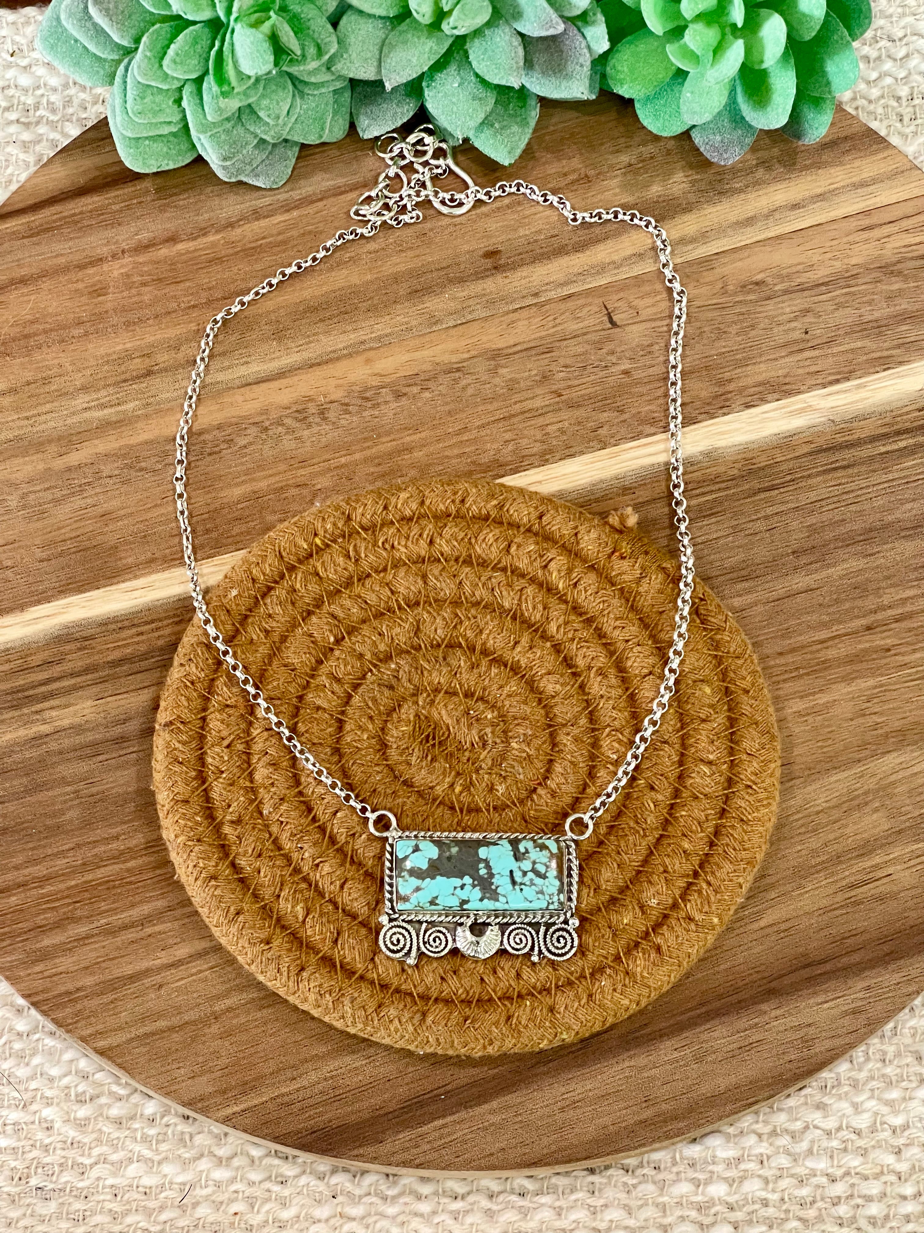 Handmade Sterling Silver Number 8 Turquoise Bar Necklace with Signed Nizhoni