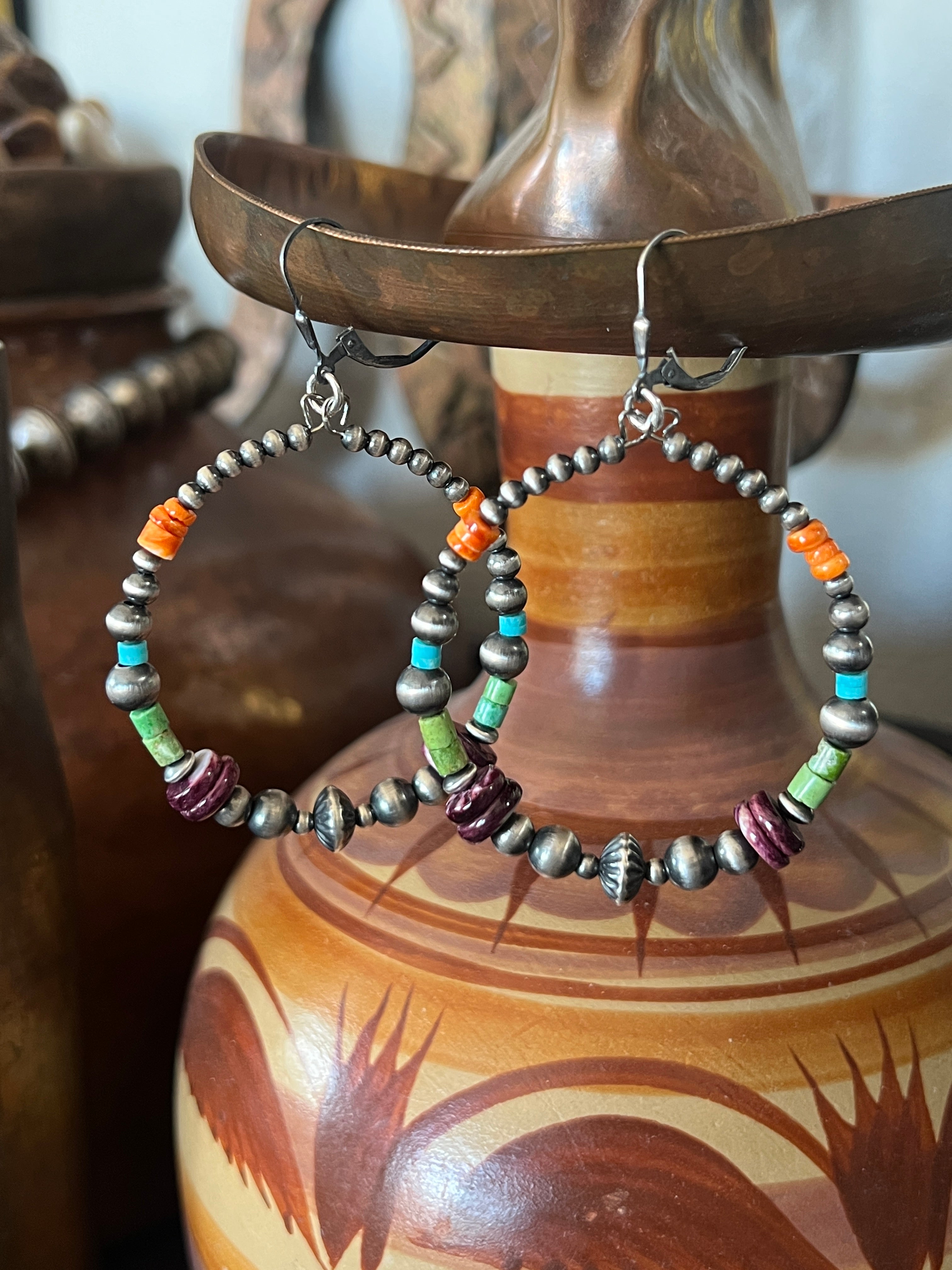 Handcrafted Electric Rainbow 2 Inch Sterling Silver, Turquoise & Spiny Oyster Beaded Hoop Earrings, Leverback