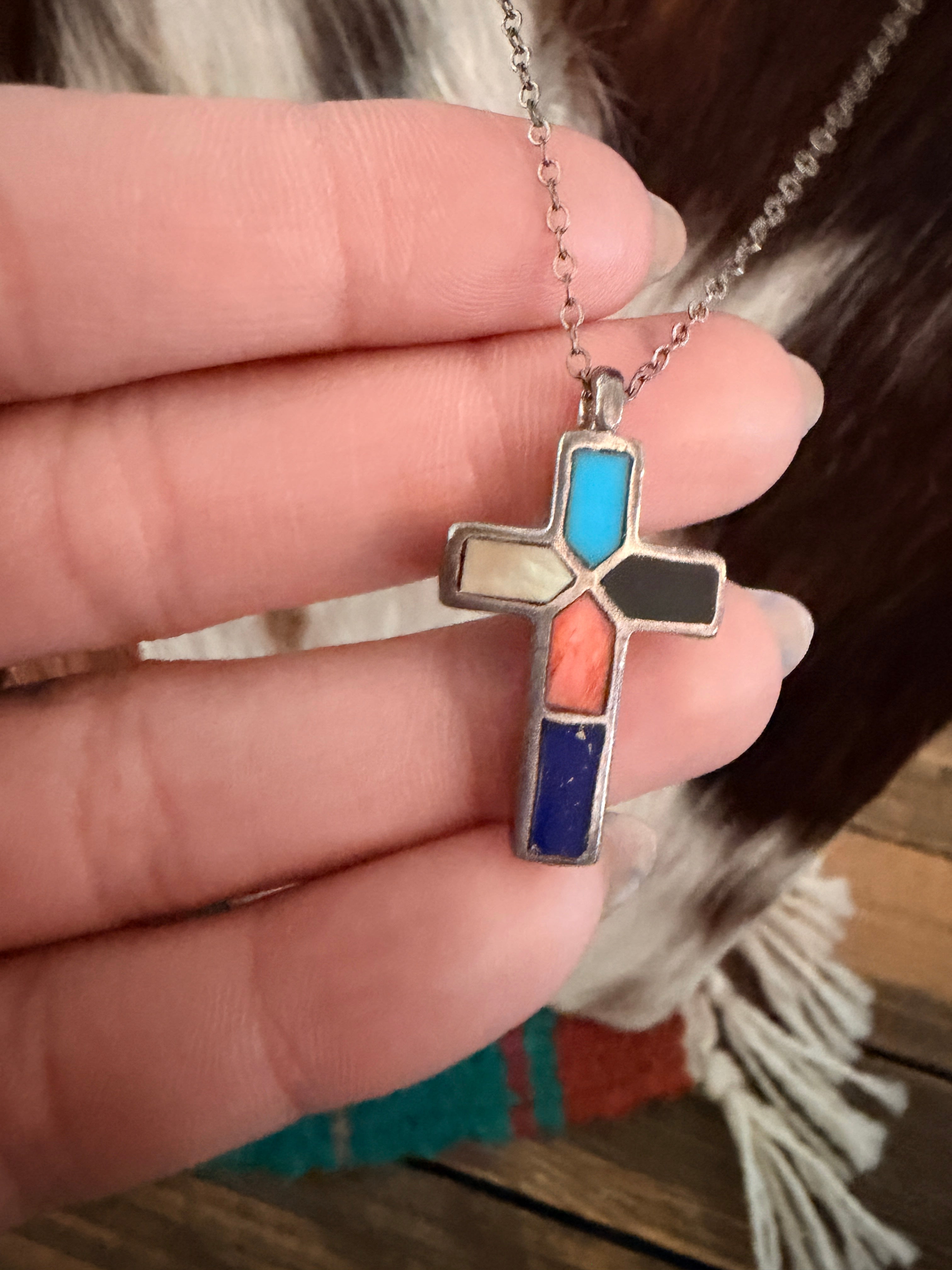 Old Pawn Handcrafted Sterling Silver and Multi Stone Inlay Cross Necklace
