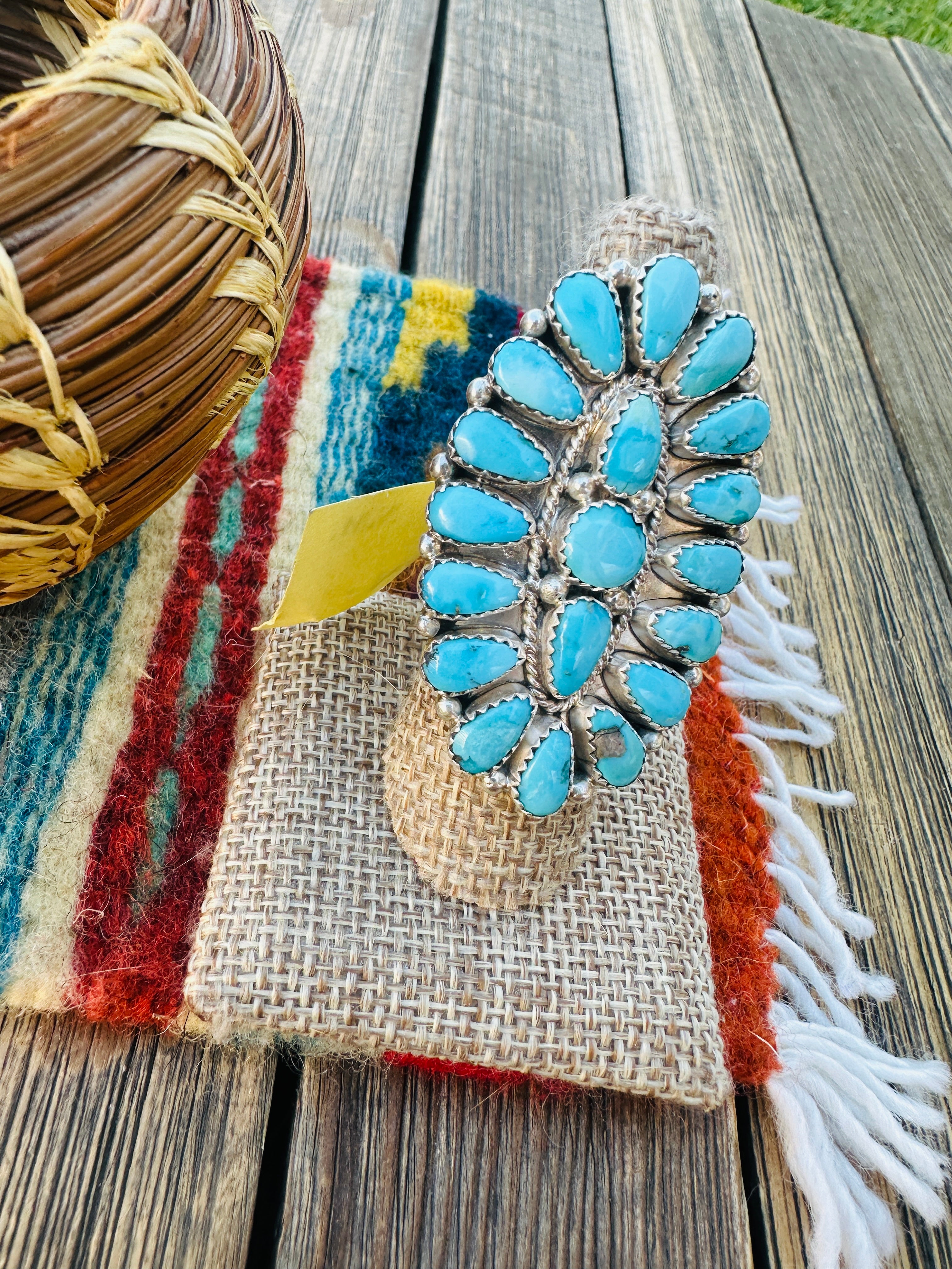 Old Pawn Handcrafted Sleeping Beauty Turquoise & Sterling Silver Cluster Ring Size 9