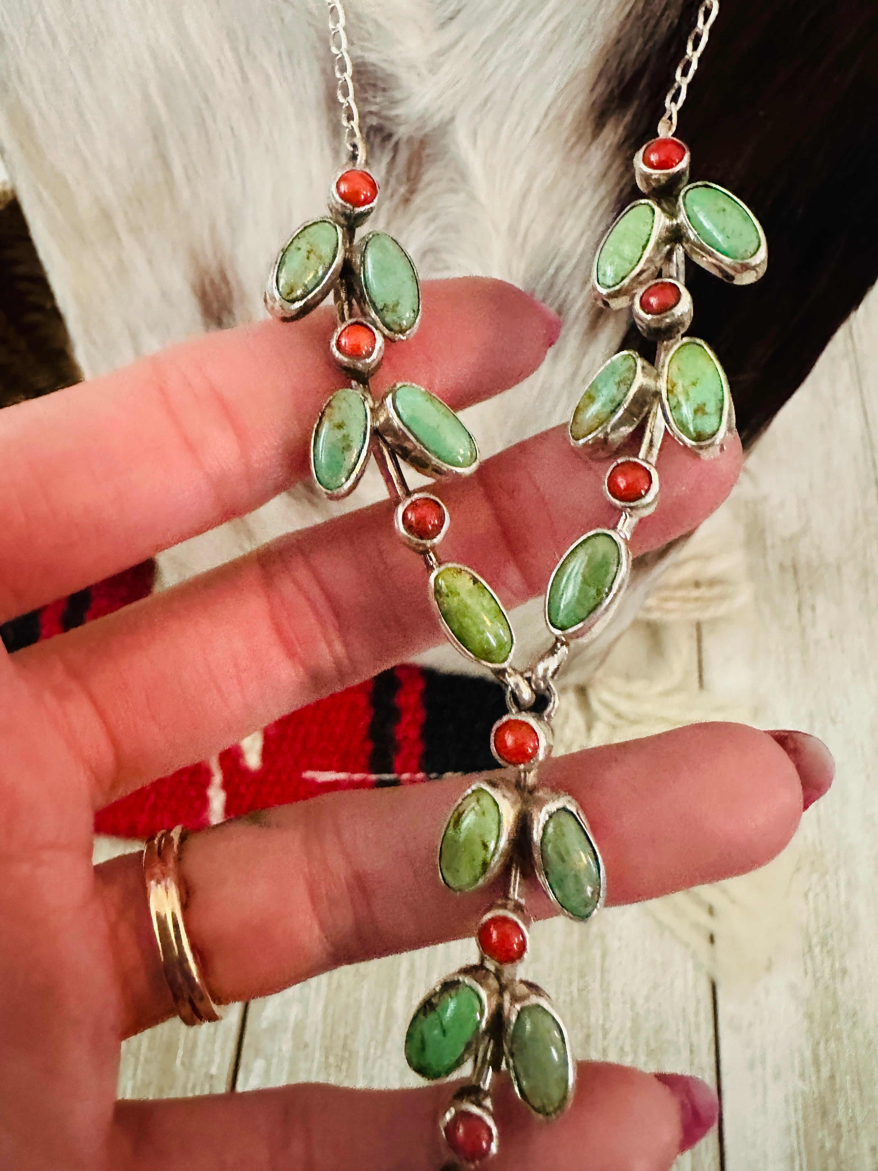 Handcrafted Turquoise, Coral & Sterling Silver Necklace