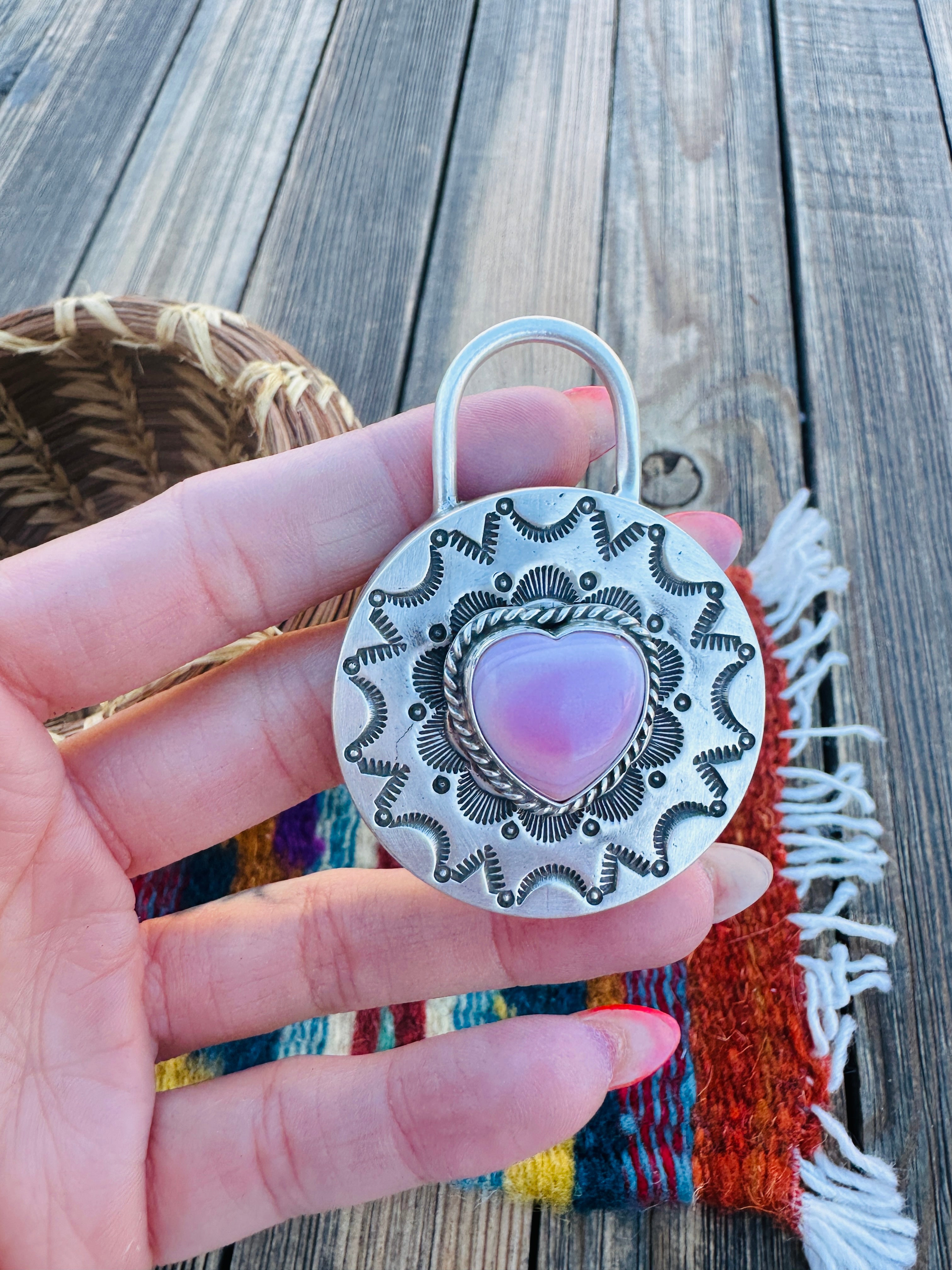 Handcrafted Queen Pink Conch & Sterling Silver Heart Locket Style Pendant by Charles Johnson