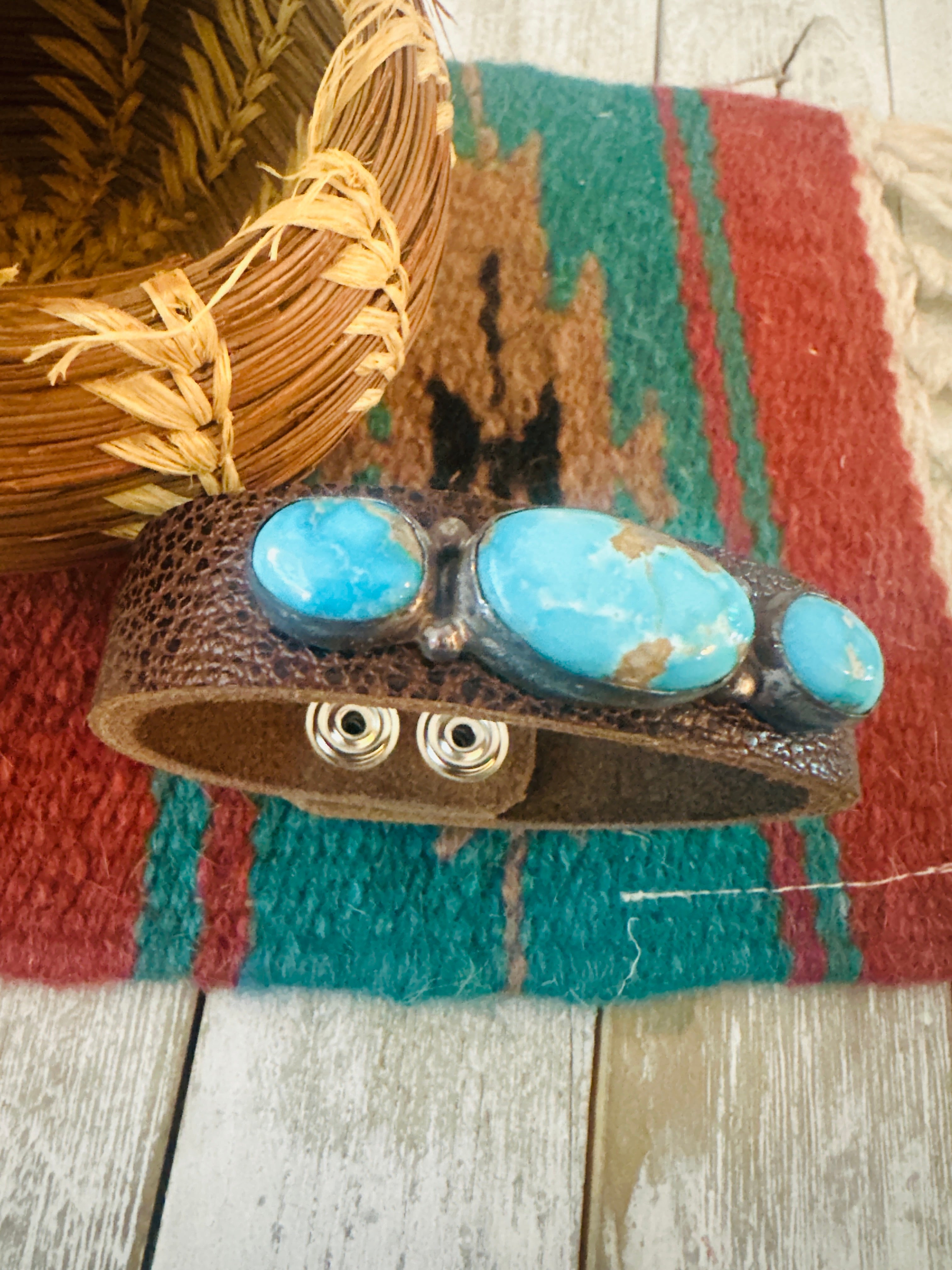 Handcrafted Sonoran Rose Turquoise & Sterling Silver Leather Bracelet