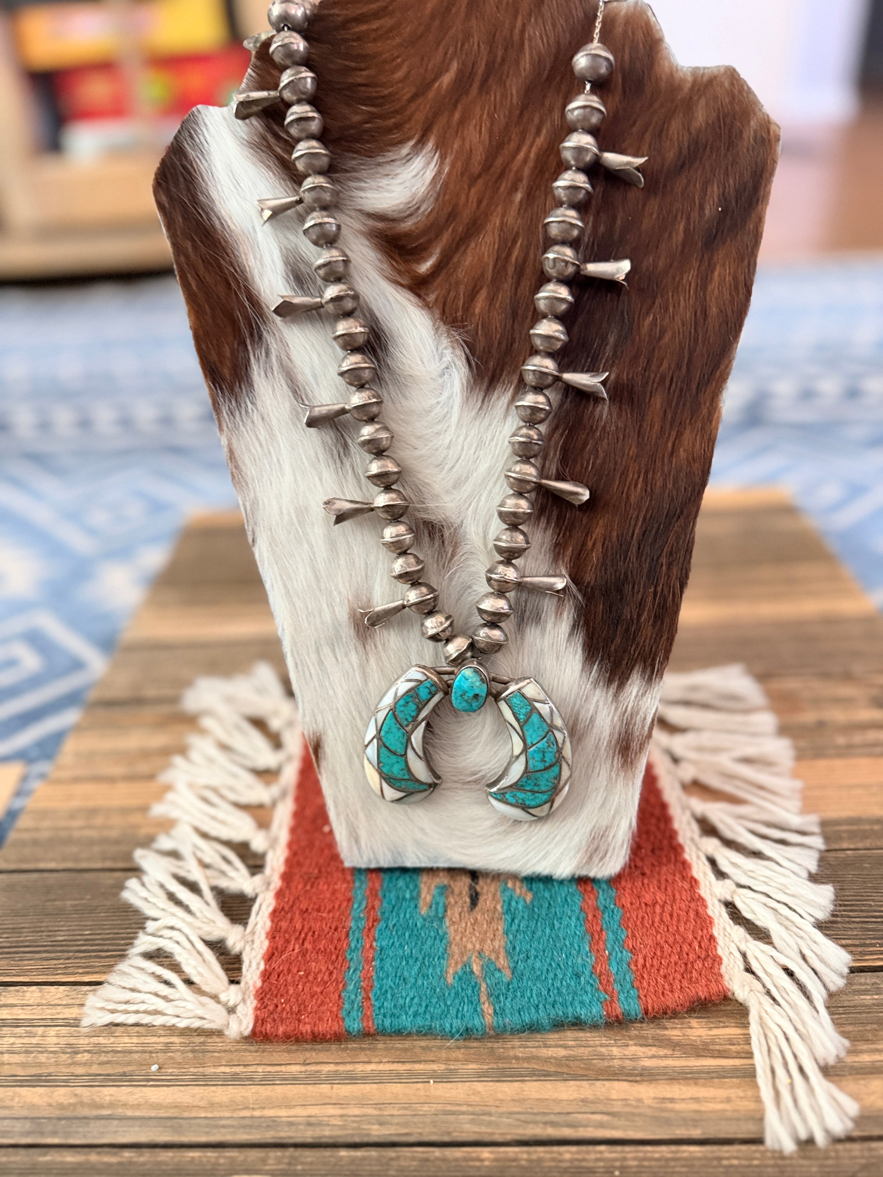 Old Pawn Handcrafted Turquoise, Mother of Pearl & Sterling Silver Beaded Squash Blossom Necklace