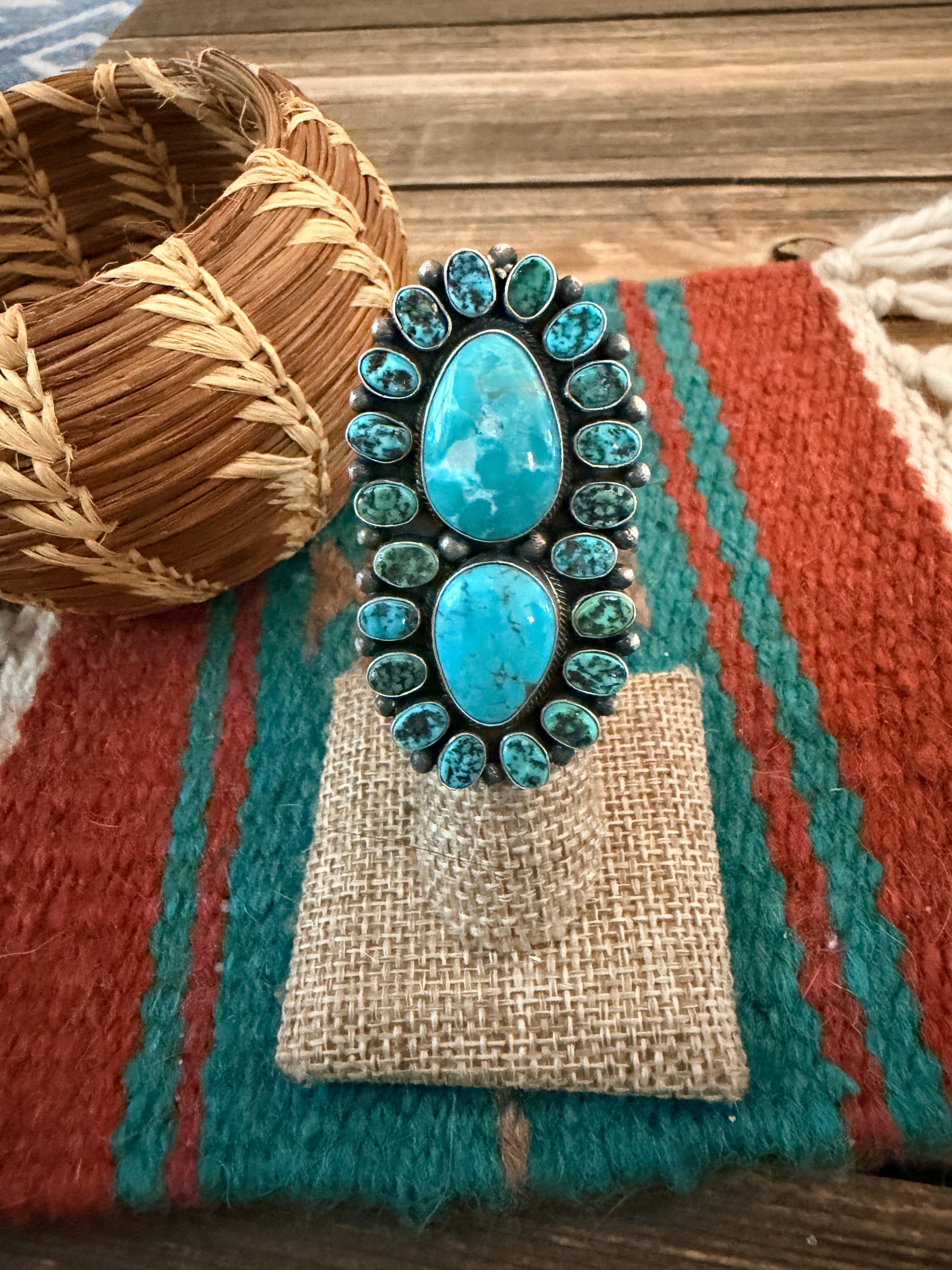 Handcrafted Turquoise & Sterling Silver Cluster Ring Size 4 by Blaine Yellowhorse