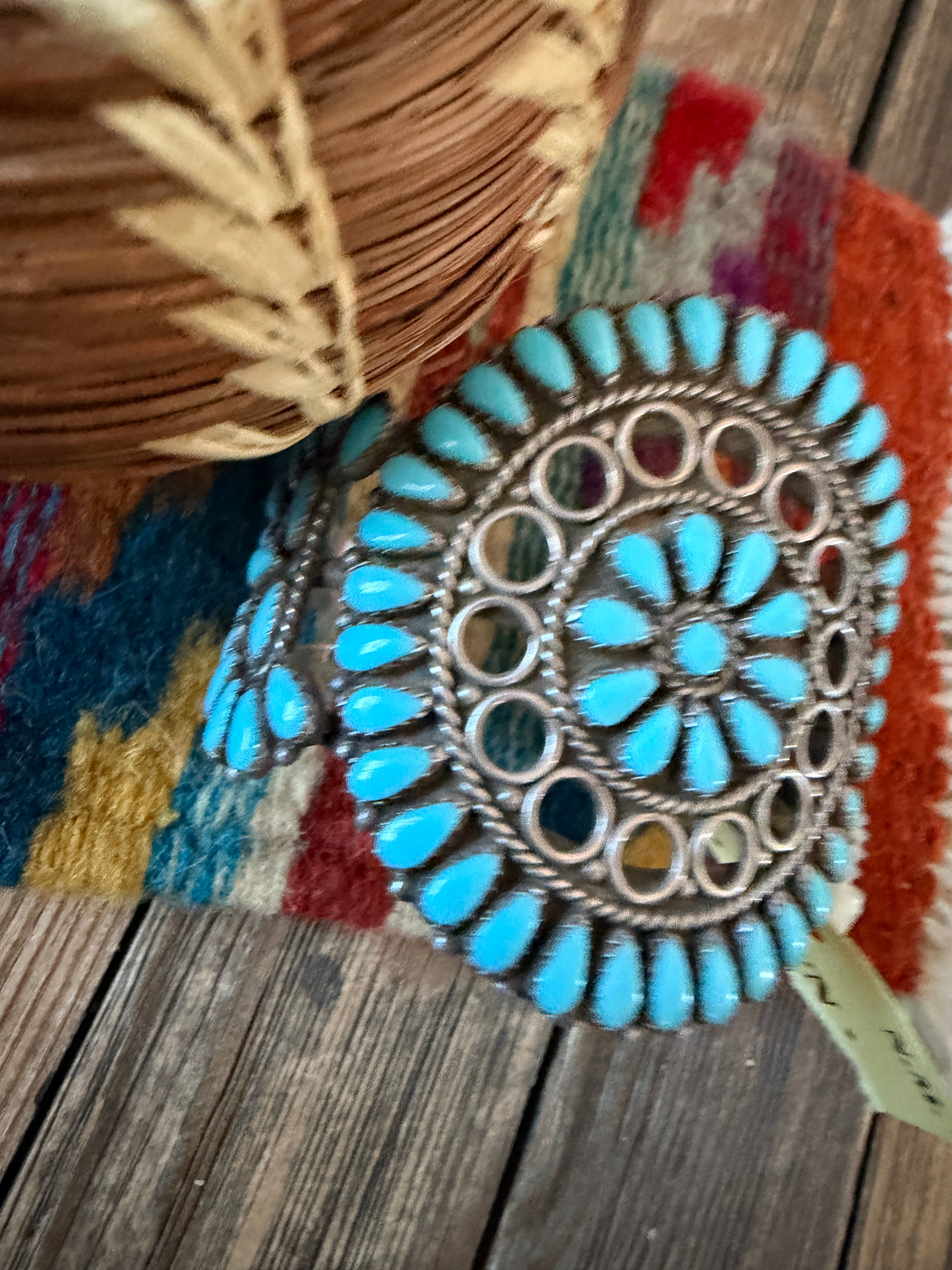 Handcrafted Old Pawn Sterling Silver & Turquoise Cluster Cuff Bracelet