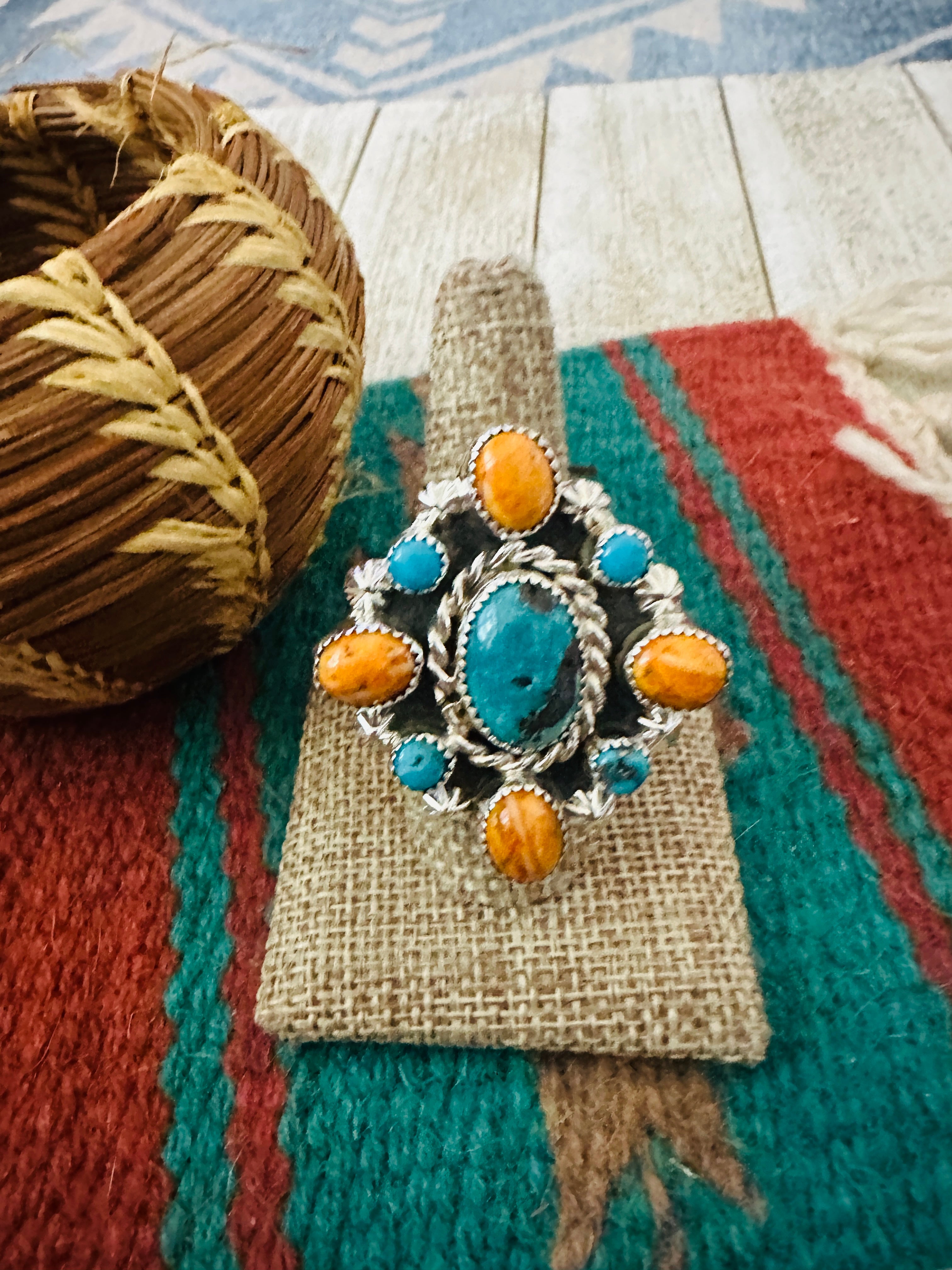 Handcrafted Turquoise, Spiny & Sterling Silver Cluster Ring size 9.5