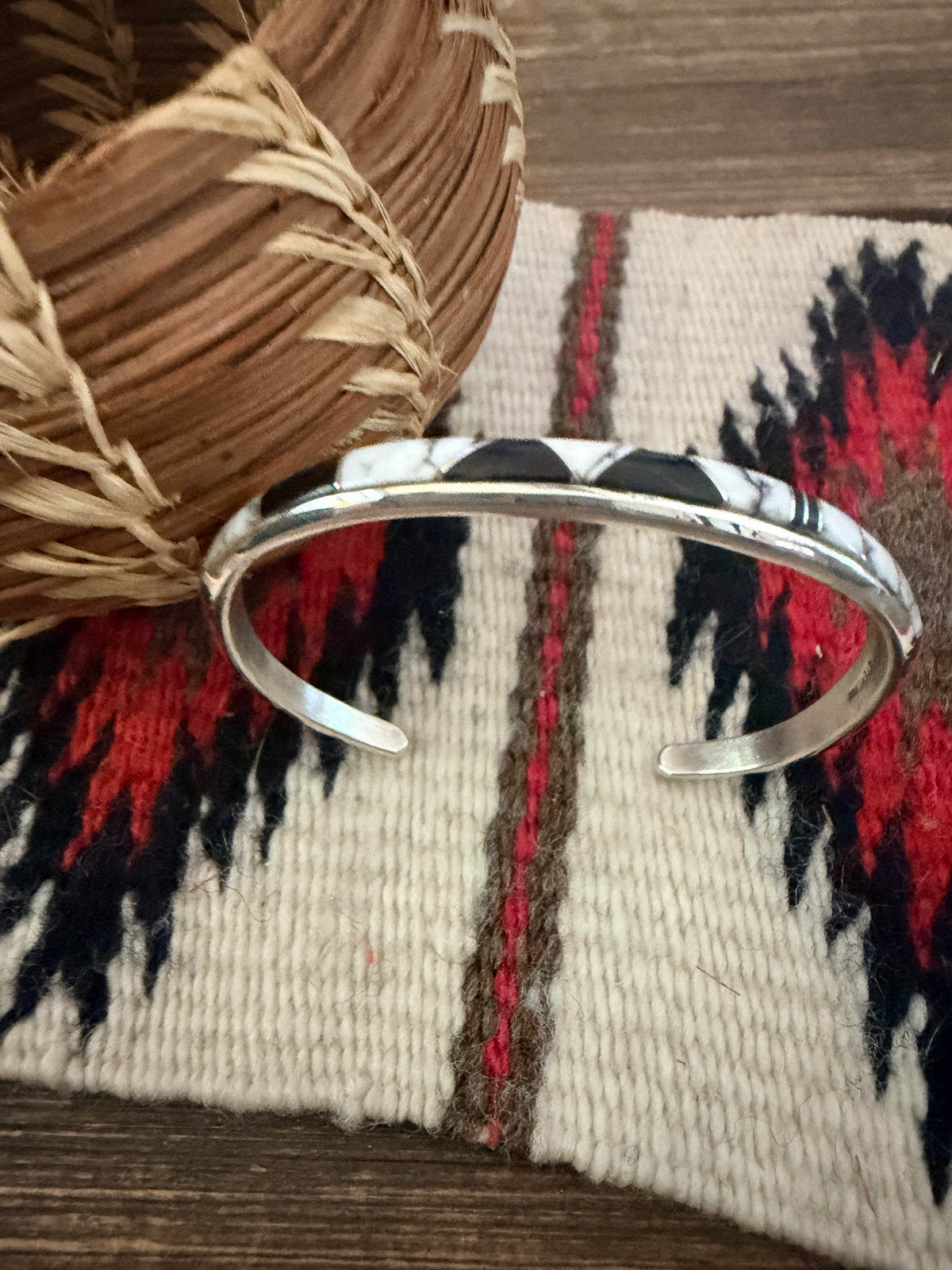 Handcrafted White Buffalo, Onyx & Sterling Silver Inlay Cuff Bracelet