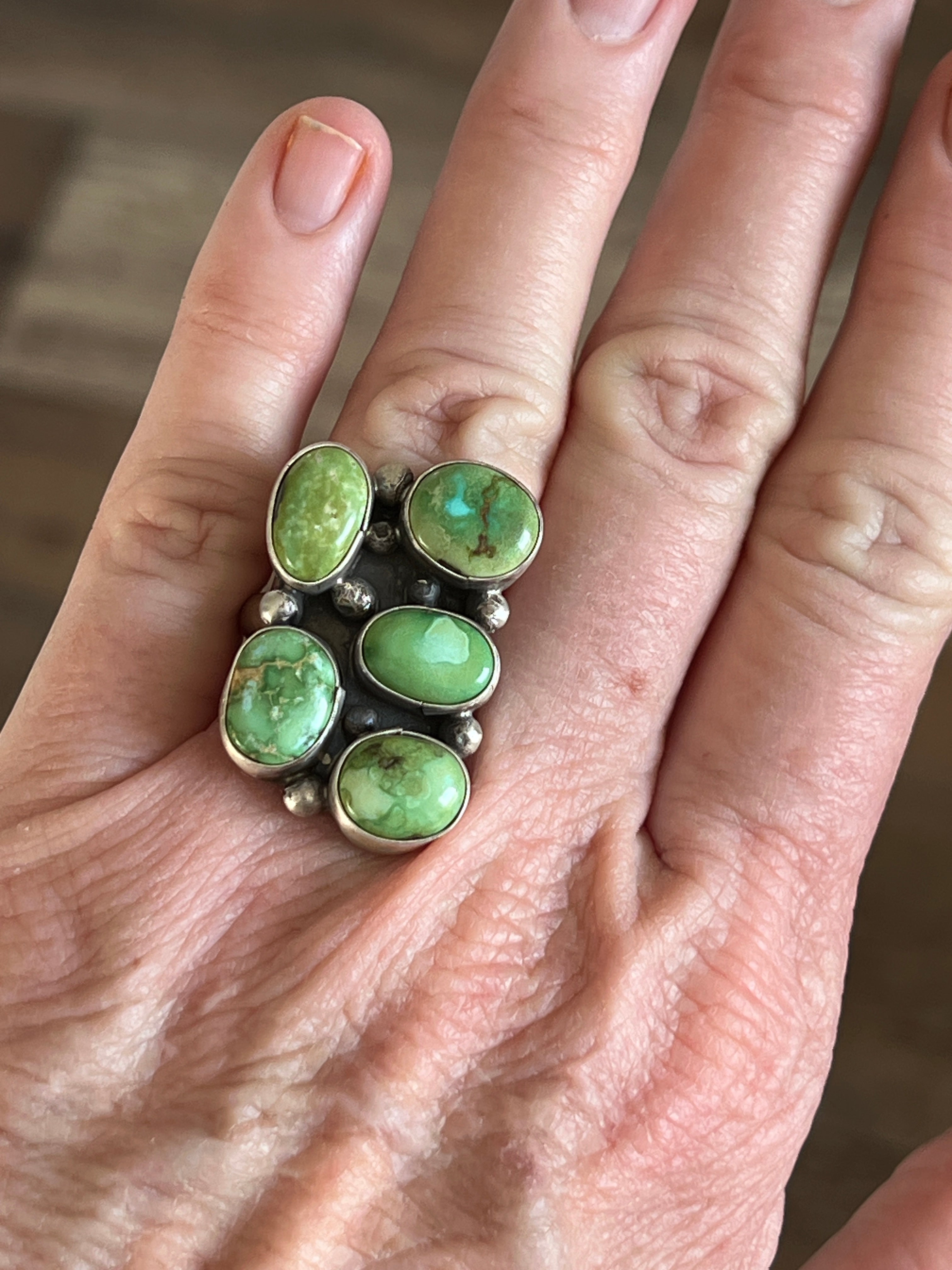 Handcrafted Sterling Silver and Sonoran Gold Turquoise Cluster Rings by Travis Jim, Size 8