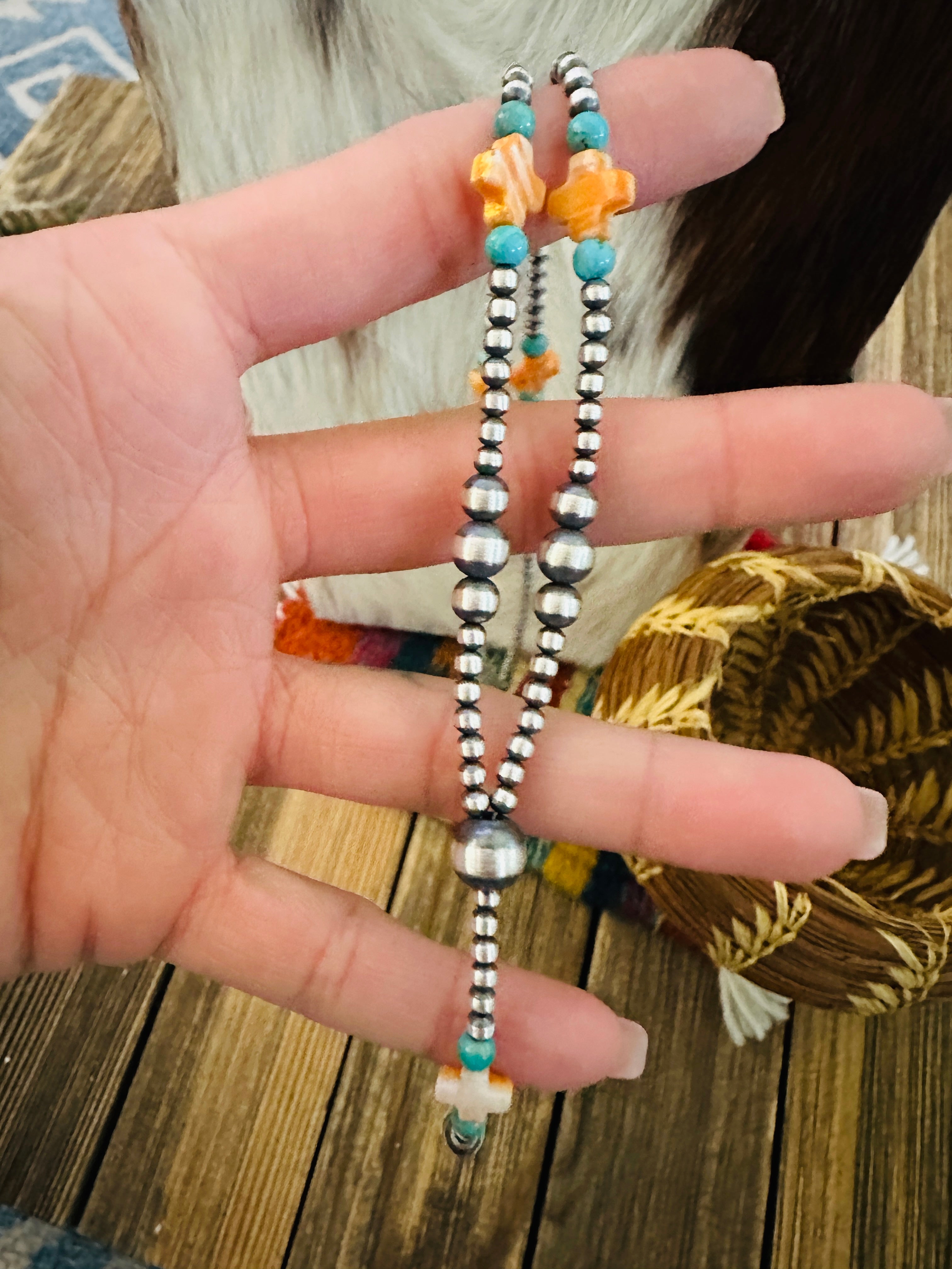 Handcrafted Turquoise, Spiny Oyster & Sterling Silver Pearl 20” Beaded Lariat Necklace