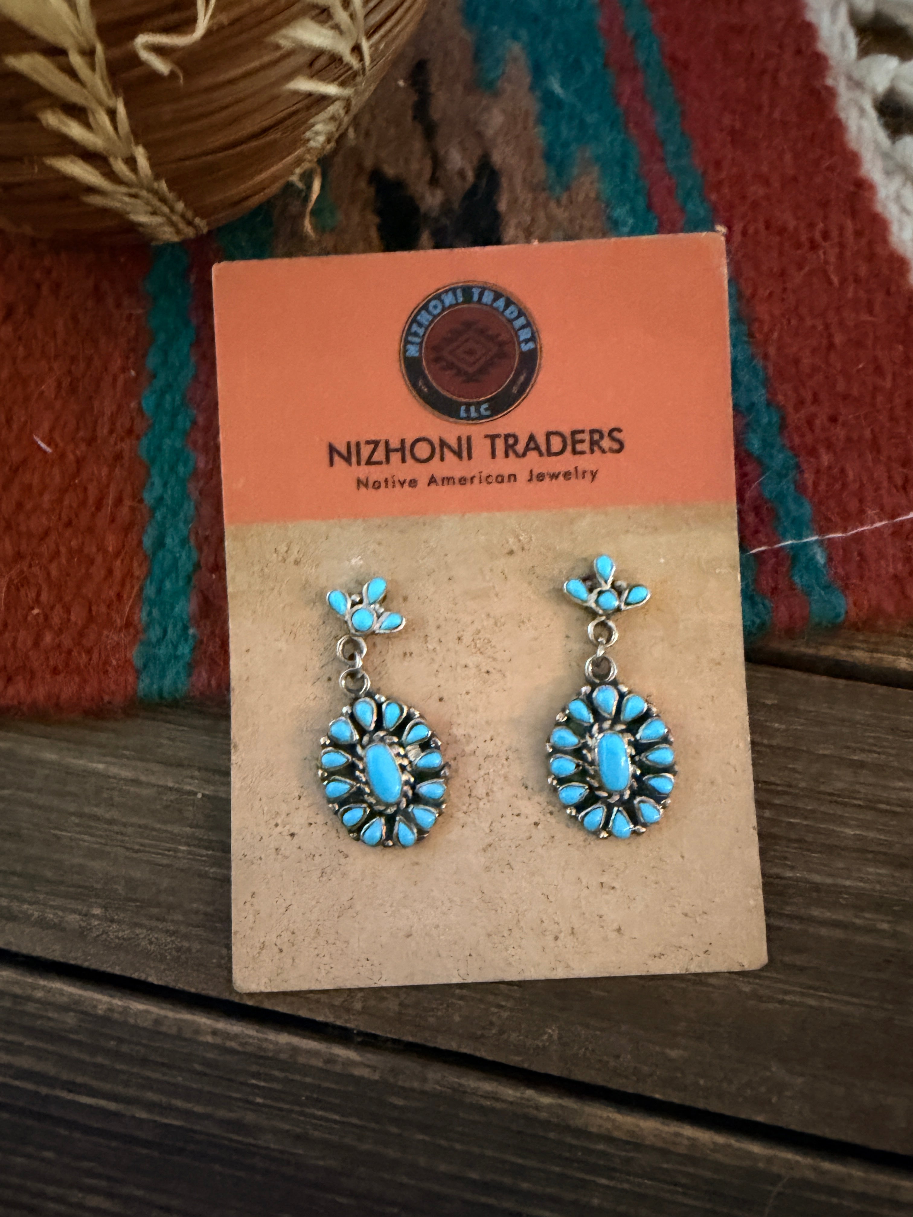 Old Pawn Handcrafted Sterling Silver & Turquoise Cluster Dangle Earrings