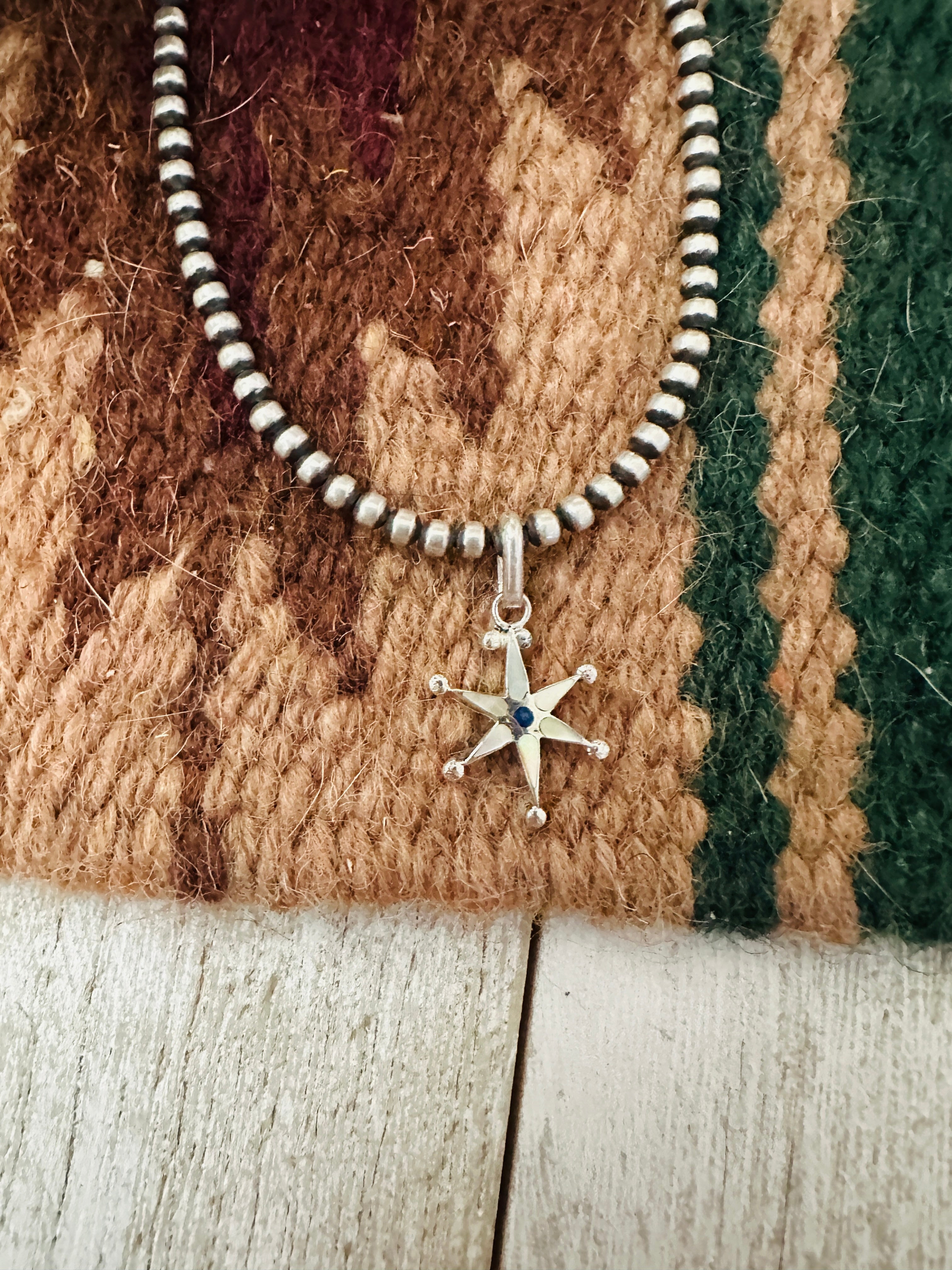 Handcrafted Sterling Silver, Mother of Pearl & Lapis Mini Star Pendant Signed