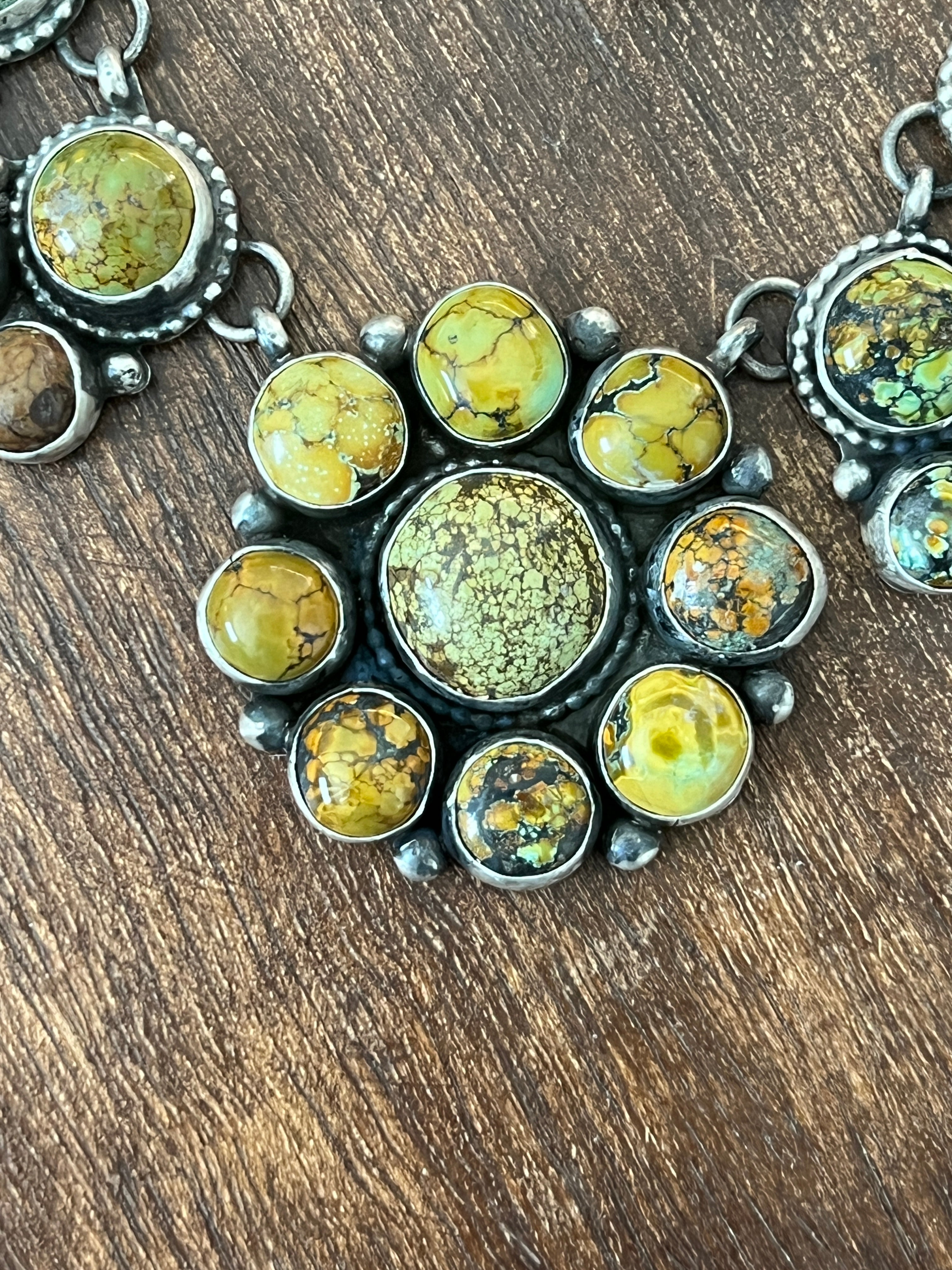 Handcrafted Sterling Silver and Blue Moon Turquoise Cluster Necklace and Earrings Set by Bobby Johnson