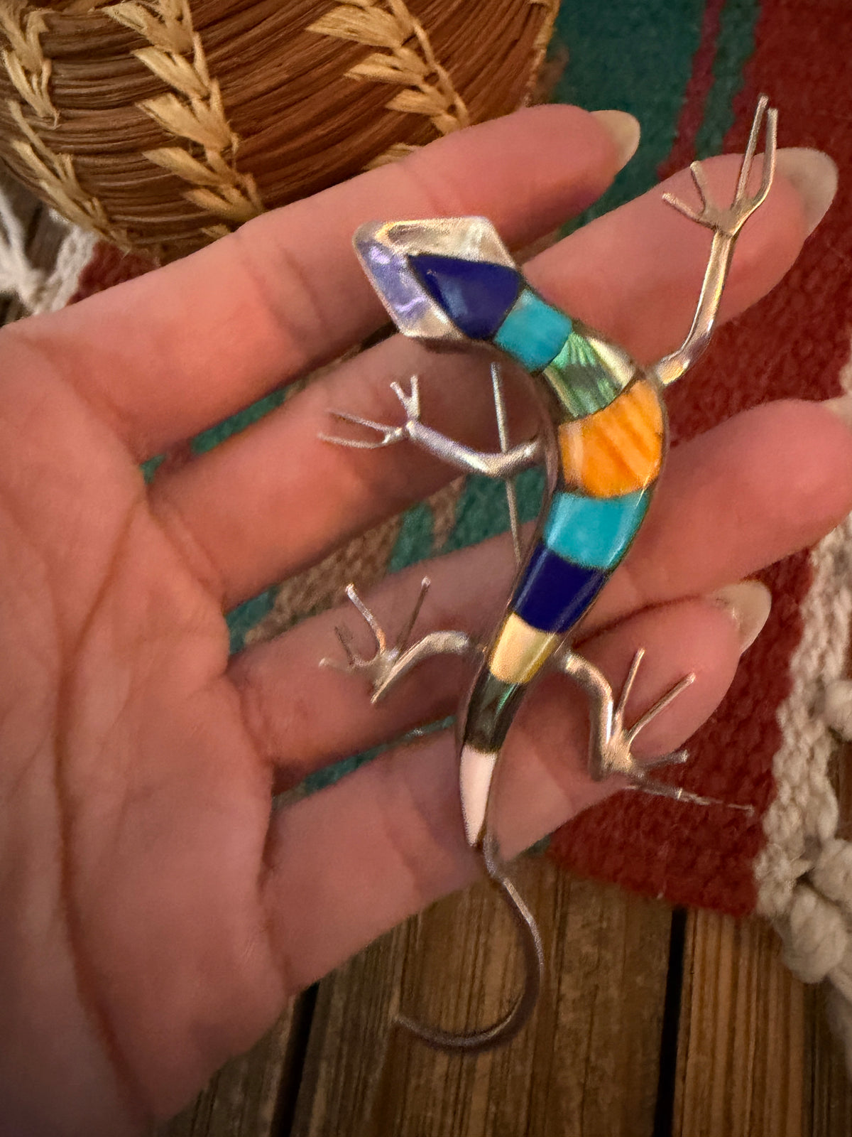 Old Pawn Handcrafted Multi Stone & Sterling Silver Inlay Lizard Pendant/Brooch