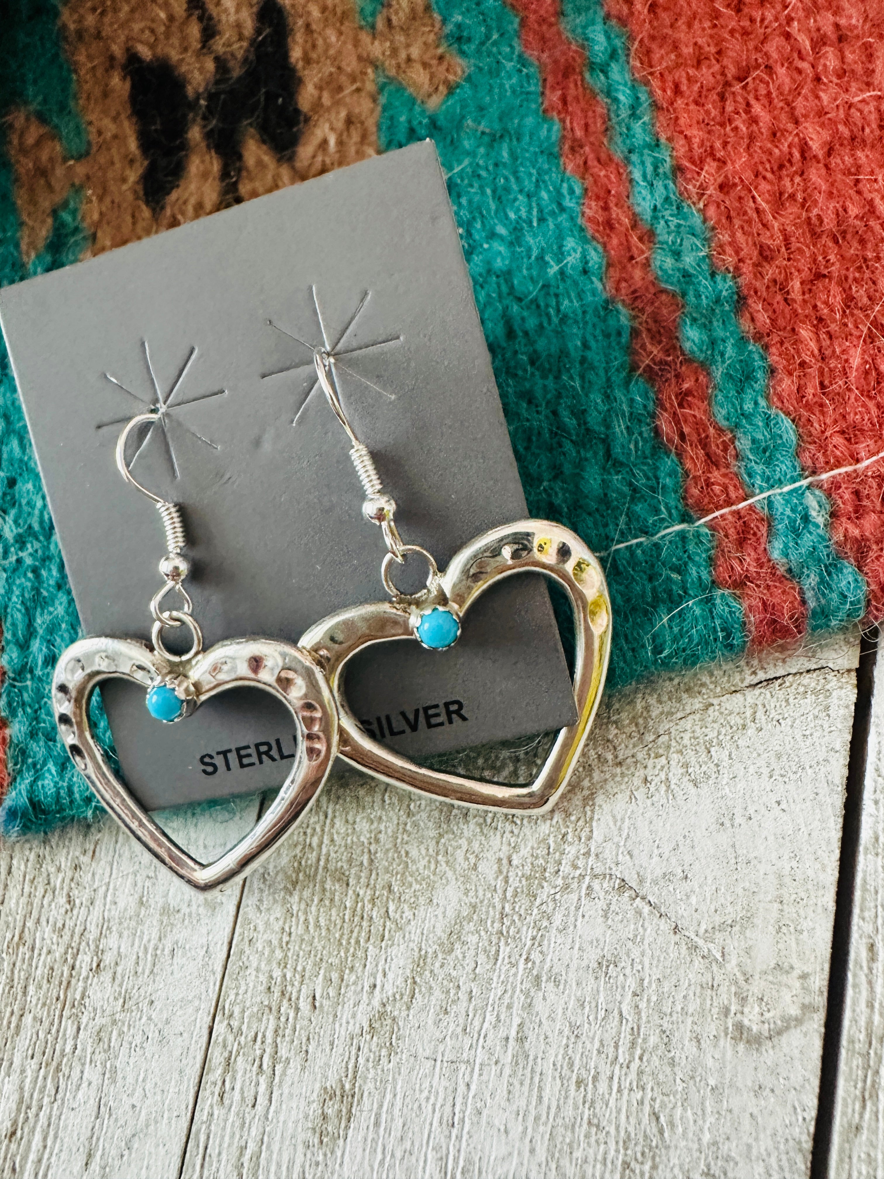 Navajo Turquoise & Sterling Silver Heart Dangle Earrings