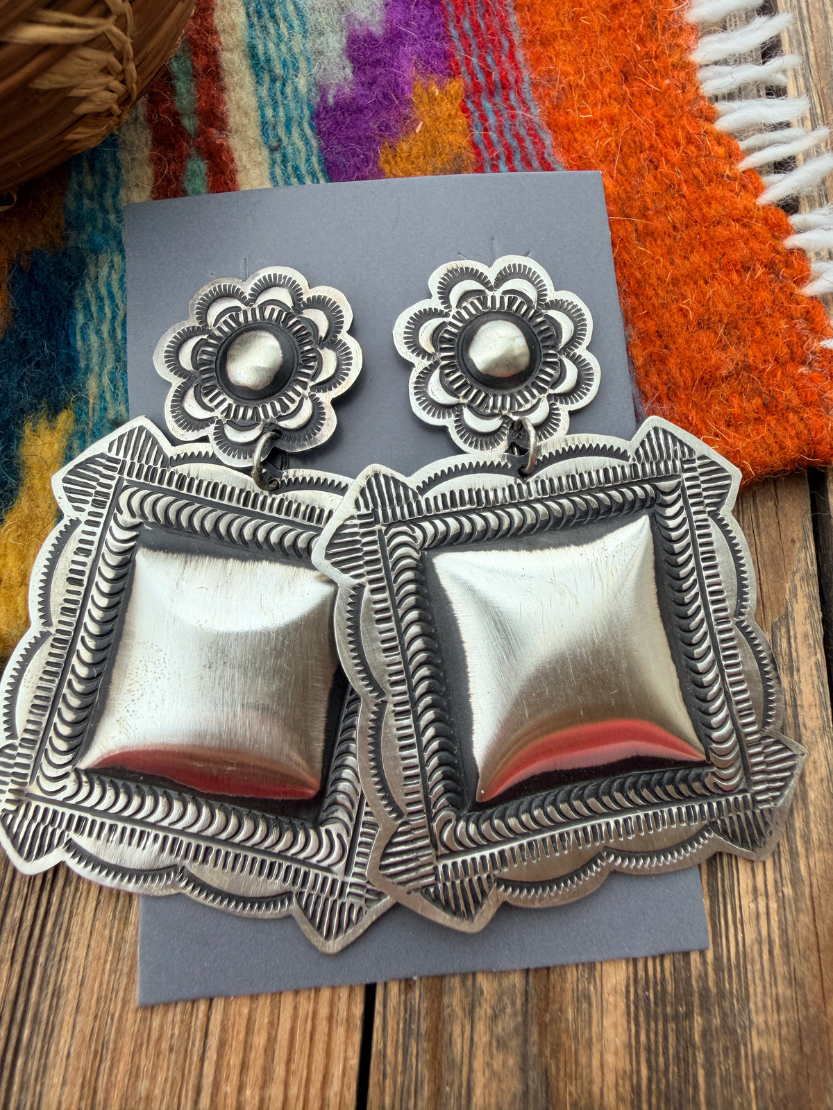 Handcrafted Sterling Silver Concho Dangle Earrings by Leander Tahe