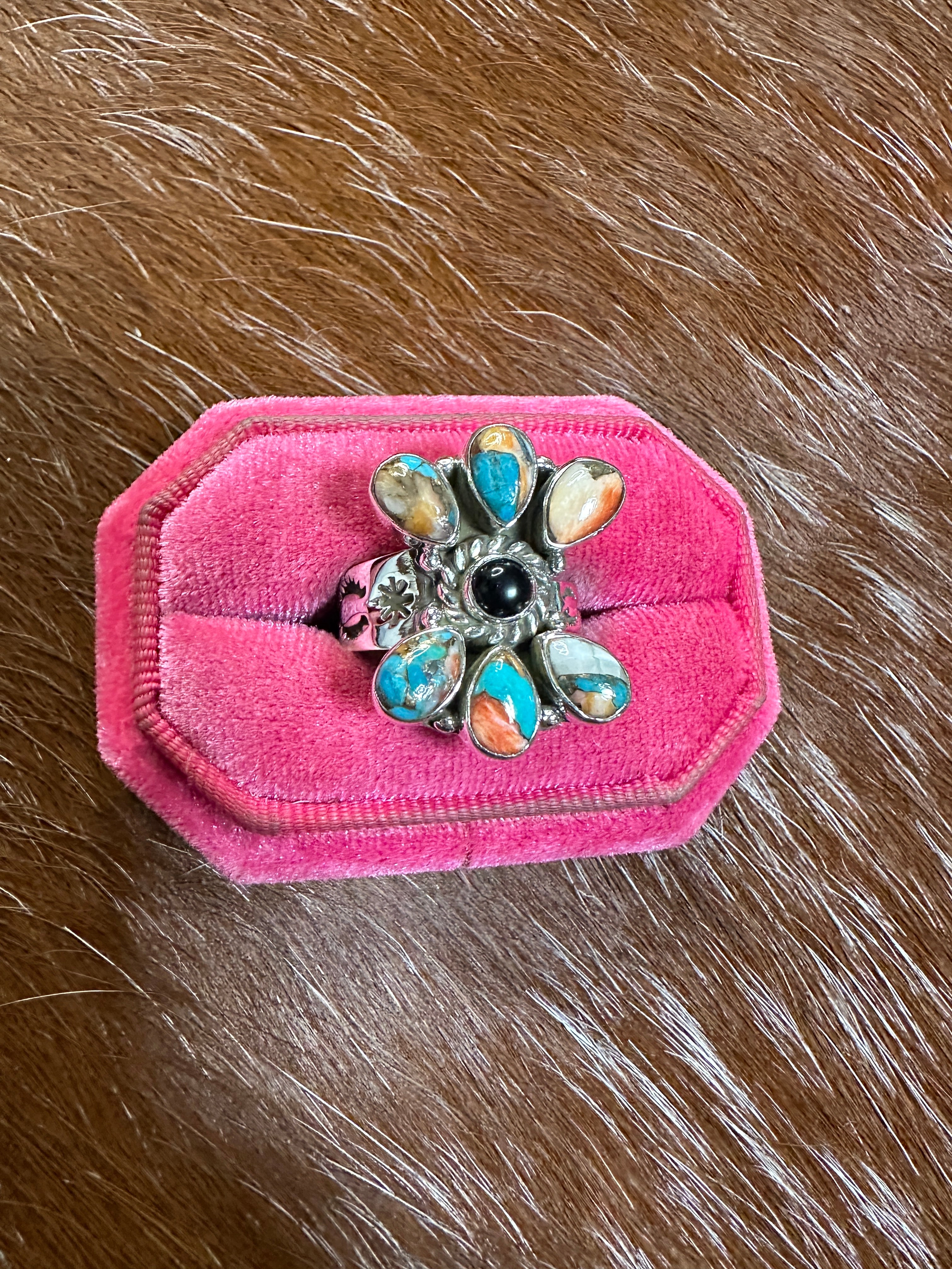 Handmade Spice, Onyx & Sterling Silver Adjustable Ring Signed Nizhoni