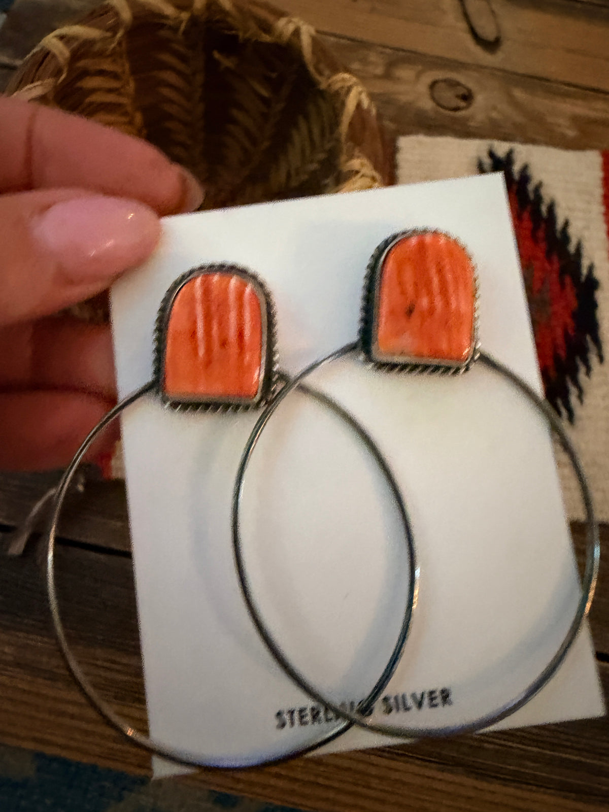 Handcrafted Orange Spiny and Sterling Silver Dangle Hoop Earrings by Elouise Kee