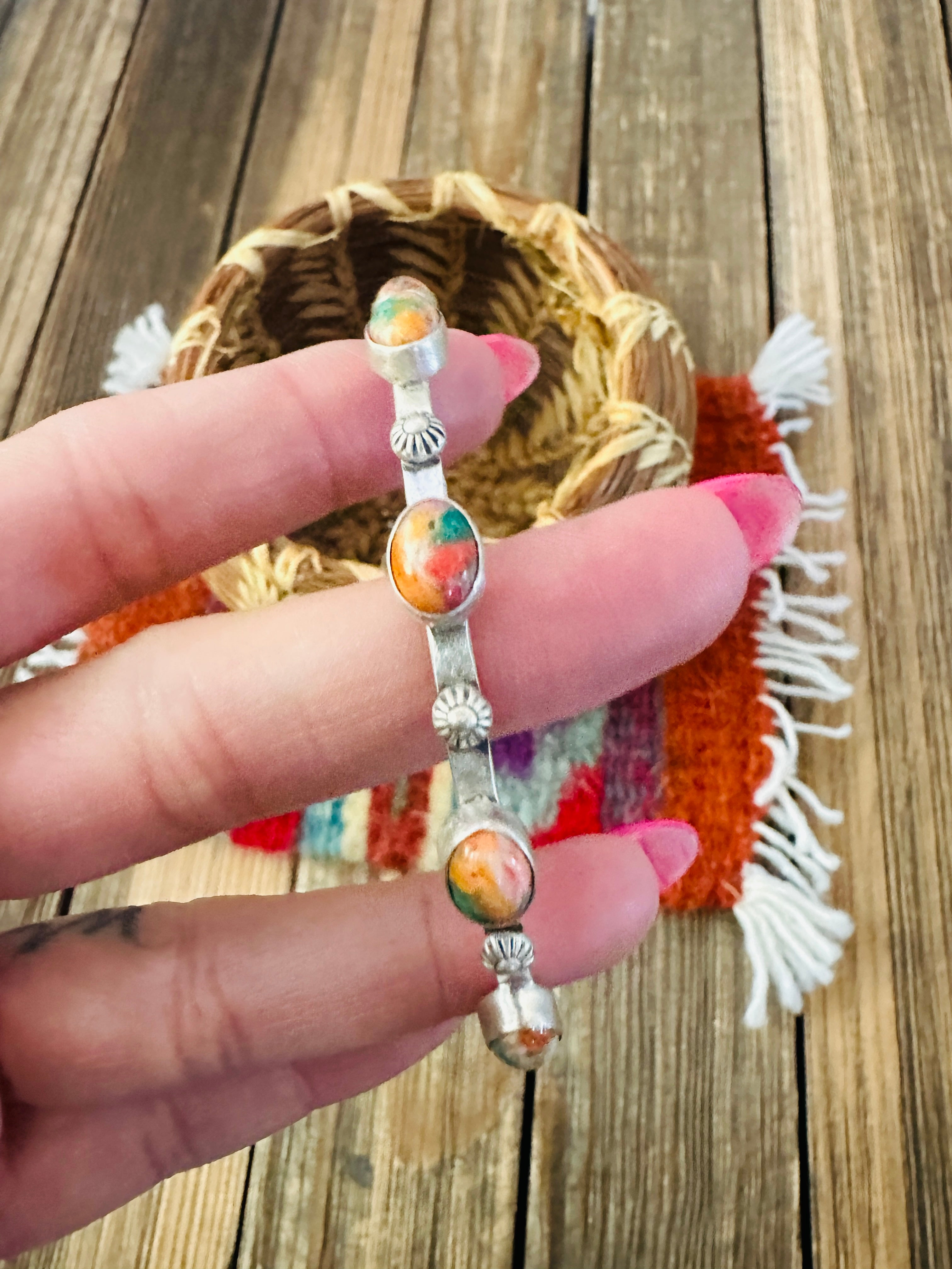 Handcrafted Multi Stone & Sterling Silver Bangle Bracelet