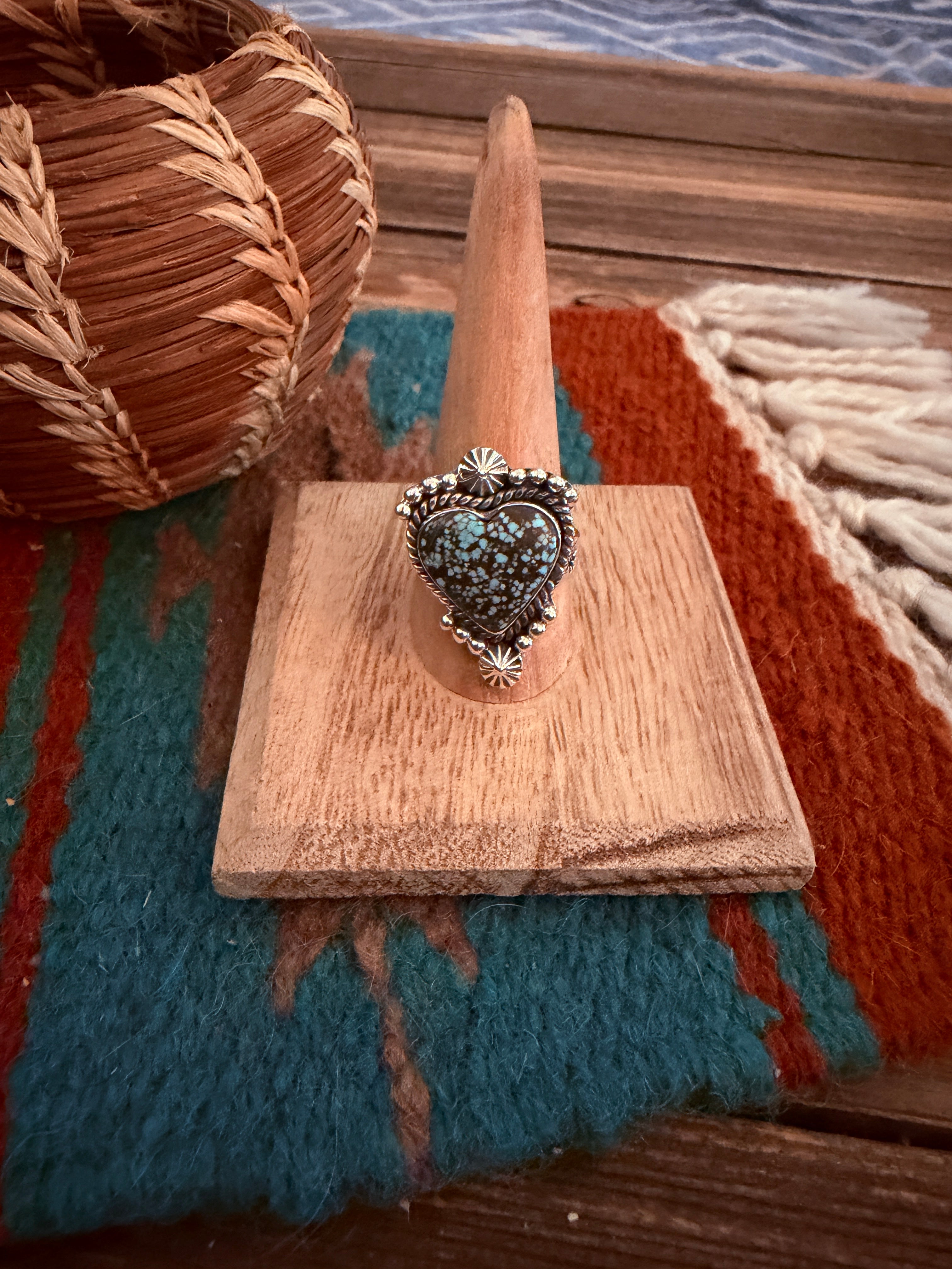 Handmade Sterling Silver Number 8 Turquoise Adjustable Heart Ring Signed Nizhoni