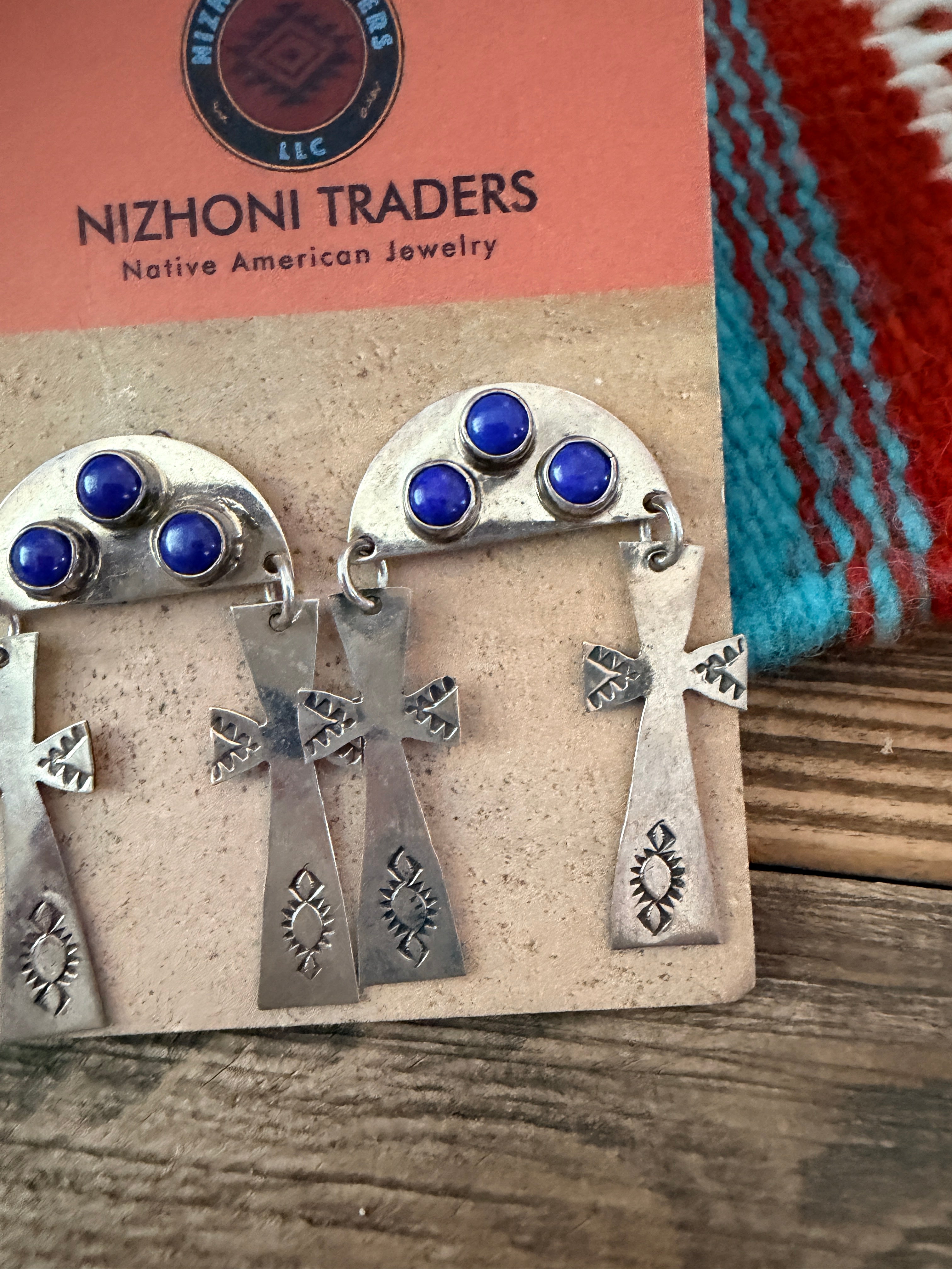 Old Pawn Handcrafted Sterling Silver & Lapis Cross Dangle Earrings