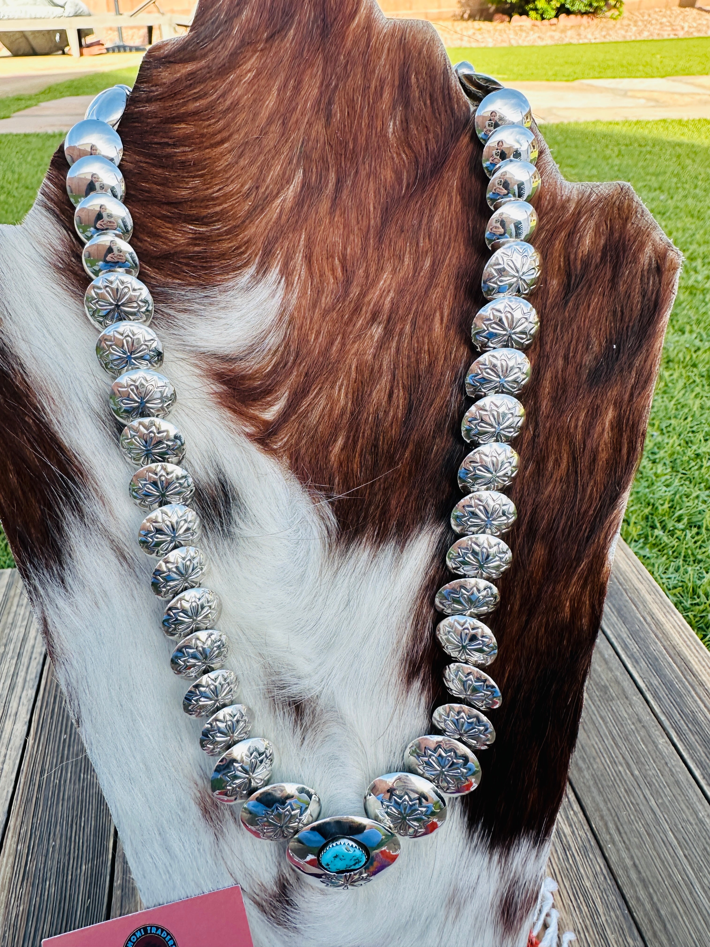 Handcrafted Turquoise & Sterling Silver Pillow Bead Necklace and Earring Set