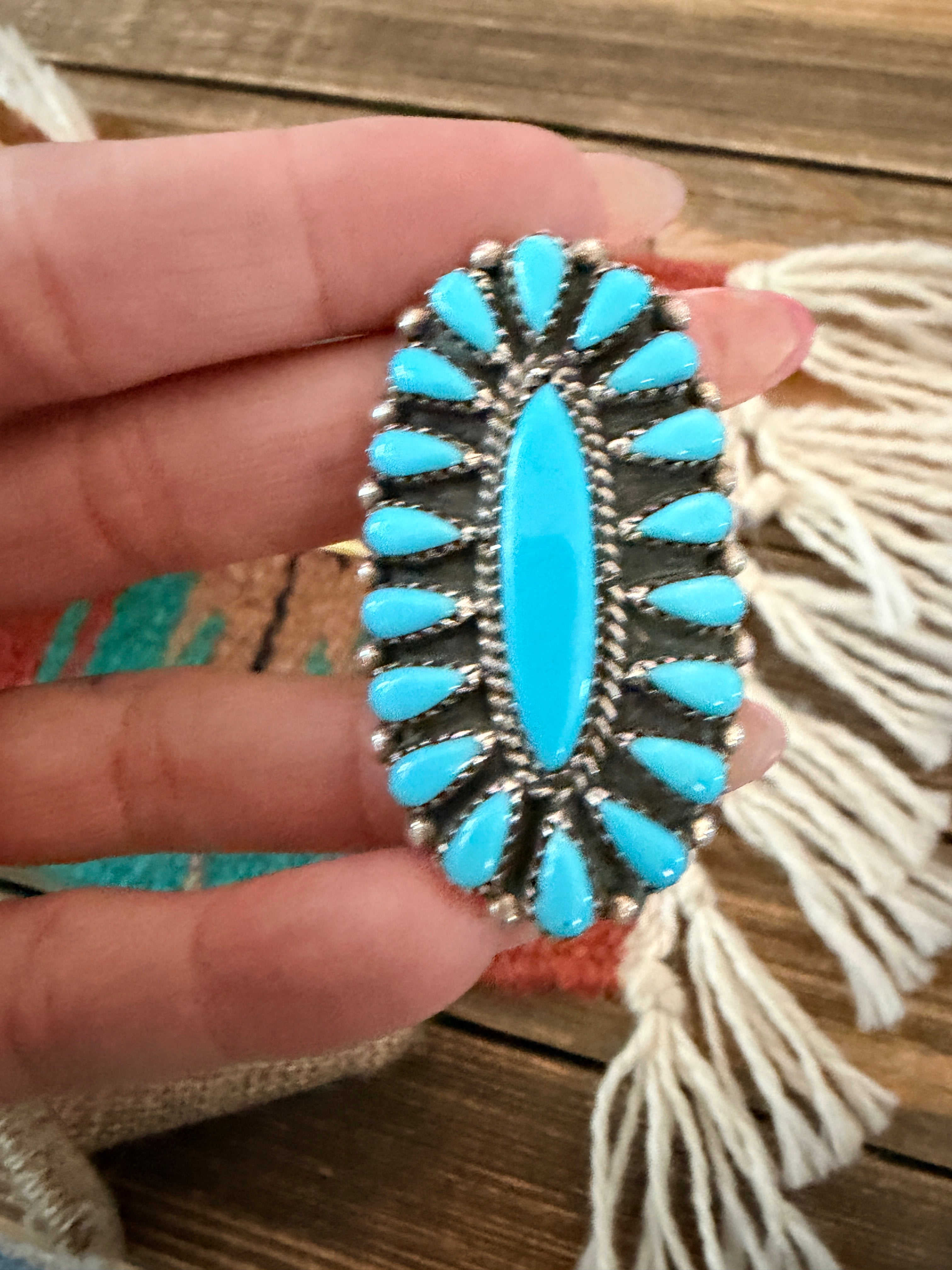 Old Pawn Handcrafted Turquoise & Sterling Silver Cluster Ring Size 7