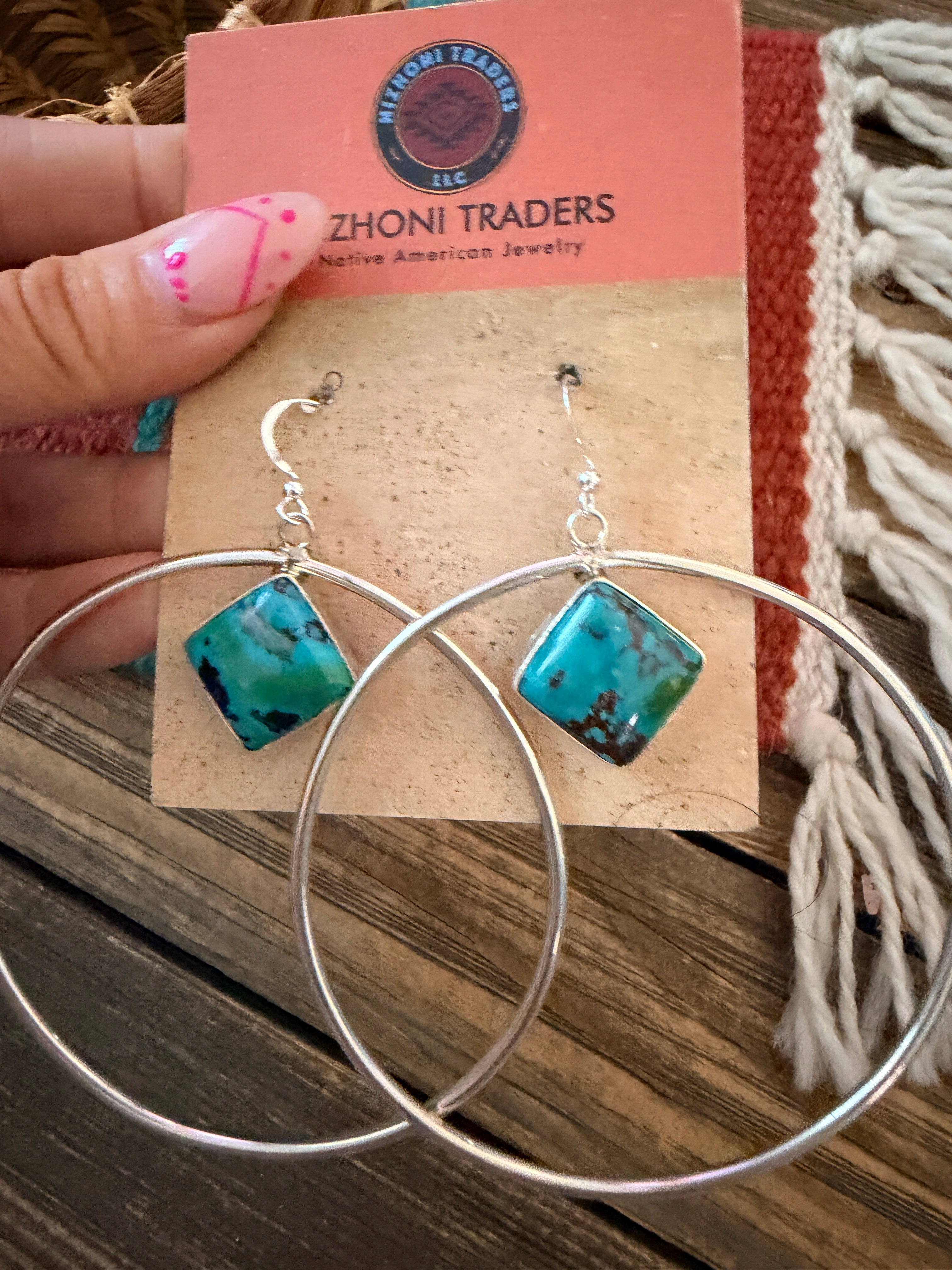 Handcrafted Turquoise & Sterling Silver Hoop Earrings by Patrick Yazzie