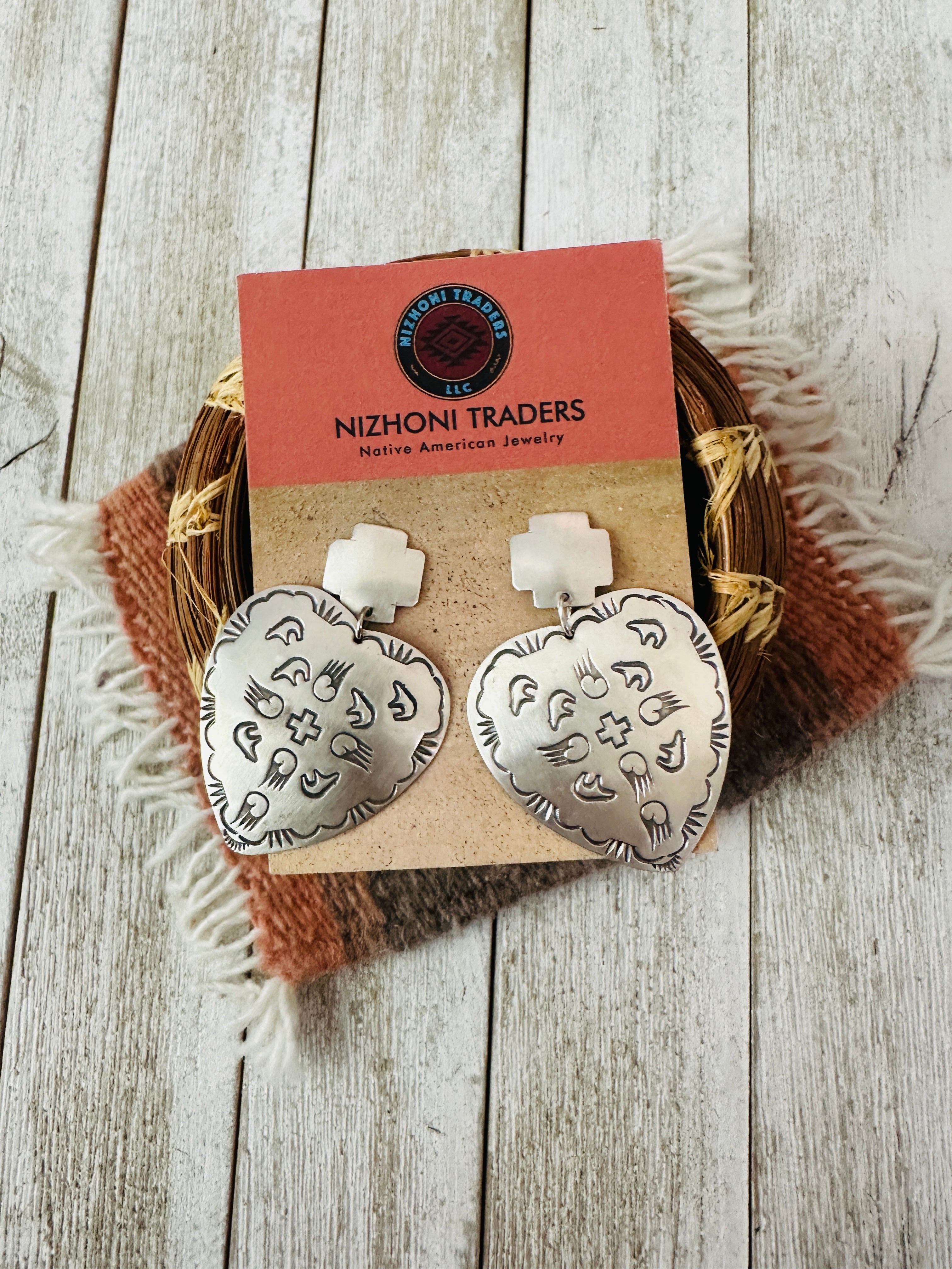Handcrafted and Hand Stamped Sterling Silver Concho Heart Dangle Earrings