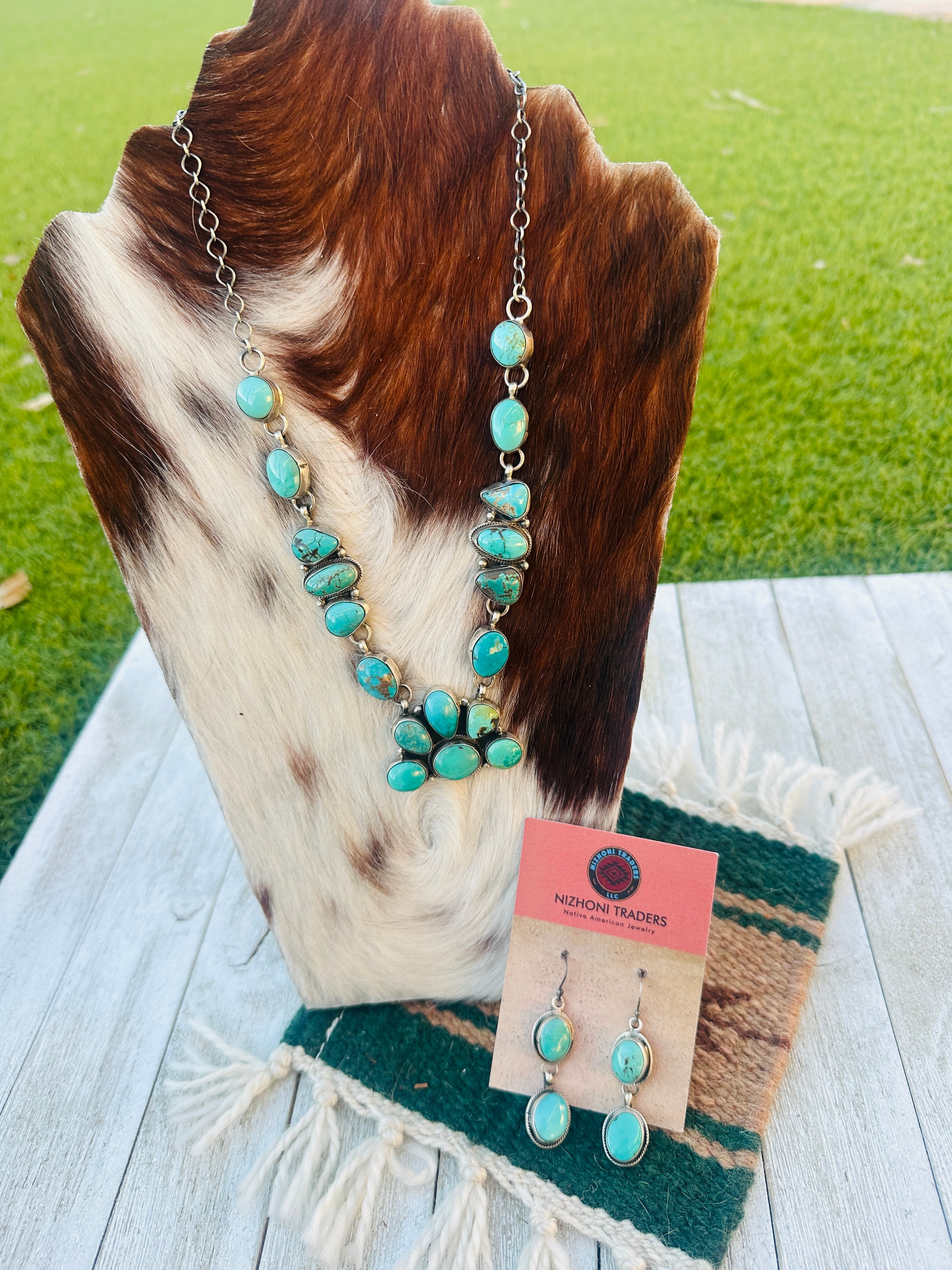 Handcrafted Turquoise & Sterling Silver Cluster Necklace and Earring Set by Ella Peter