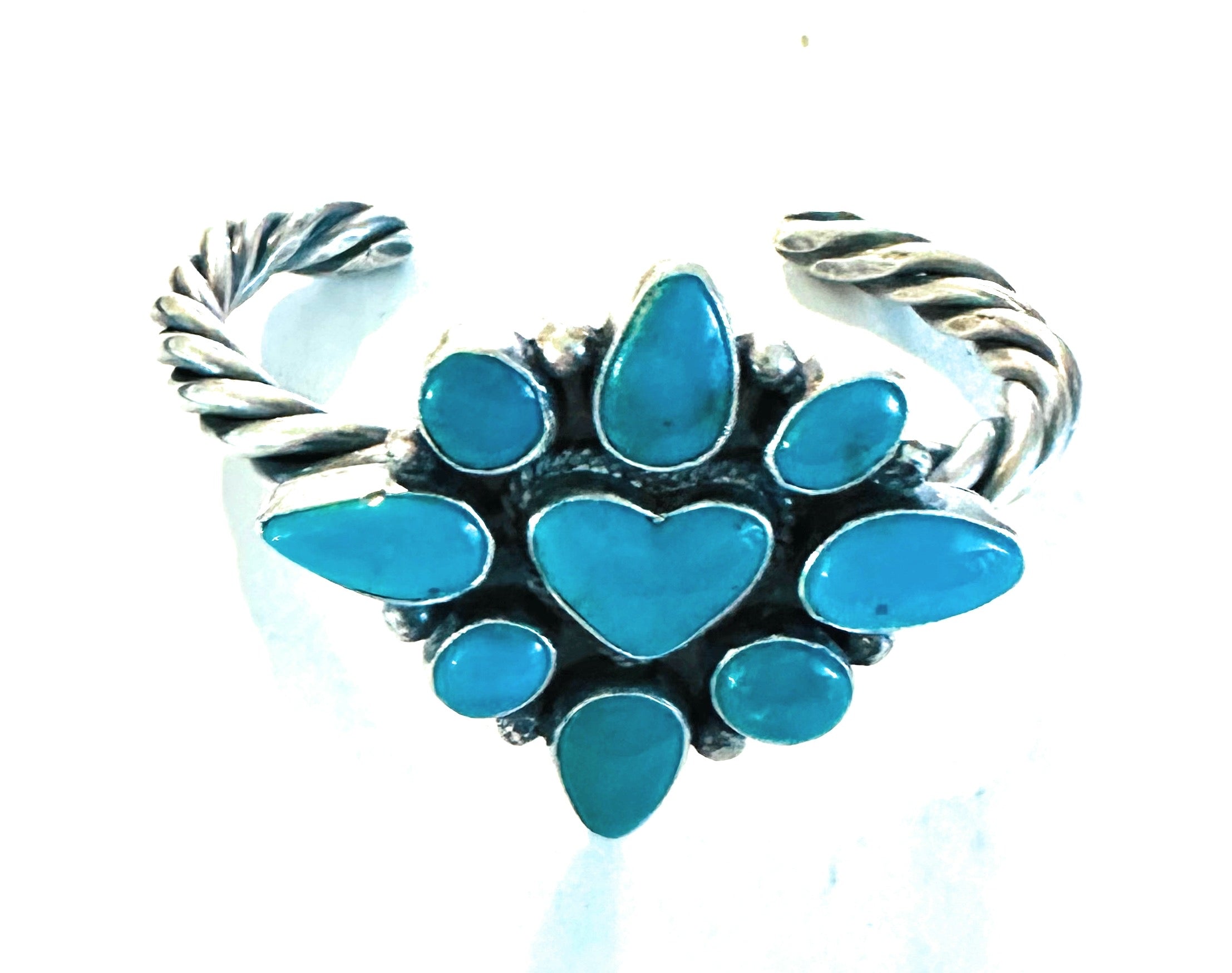 Navajo Kingman Turquoise & Sterling Silver Heart Cuff Bracelet /