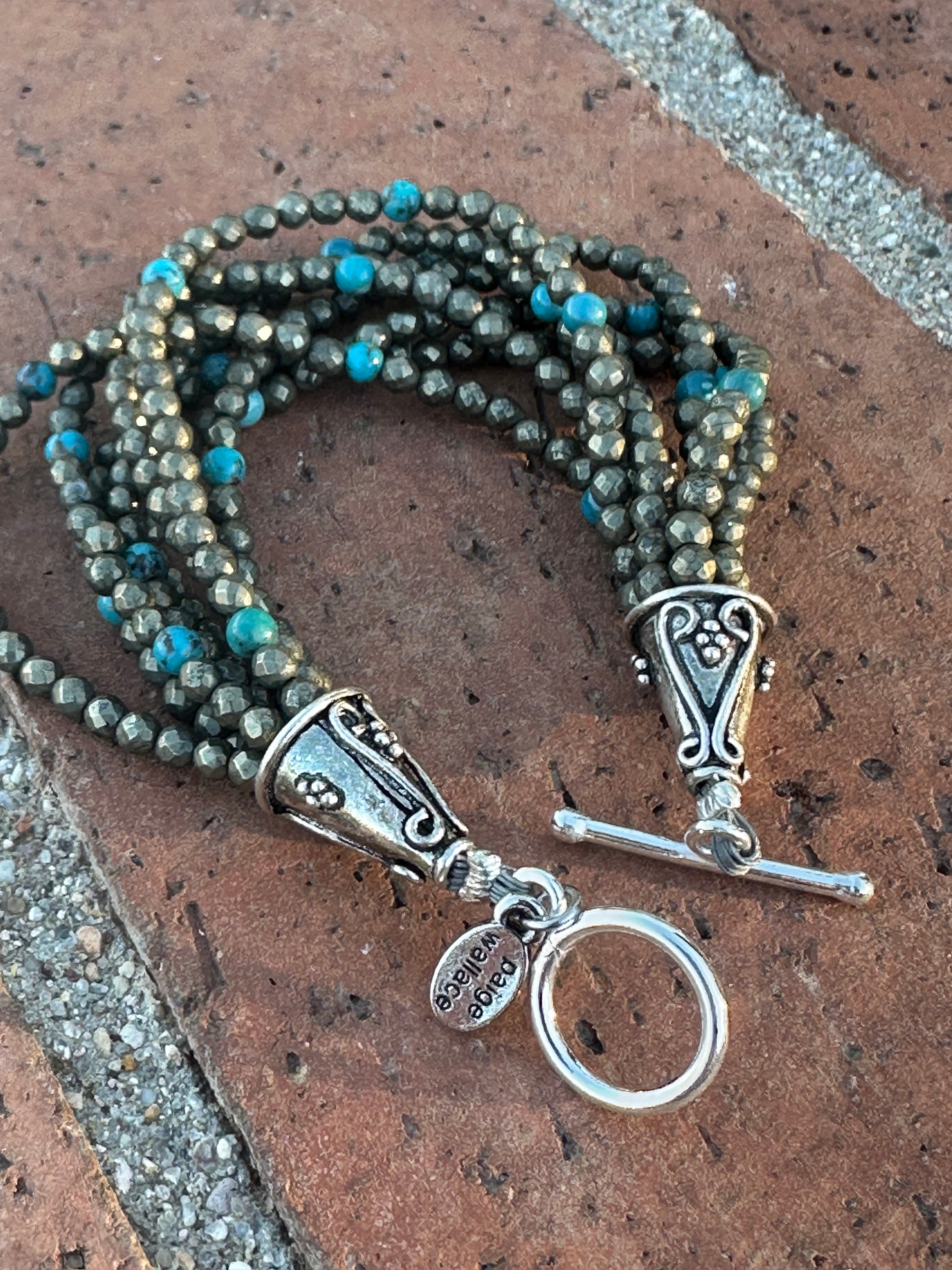 Paige Wallace Handmade Pyrite, Turquoise & Sterling Silver Beaded 8 Strand Bracelet