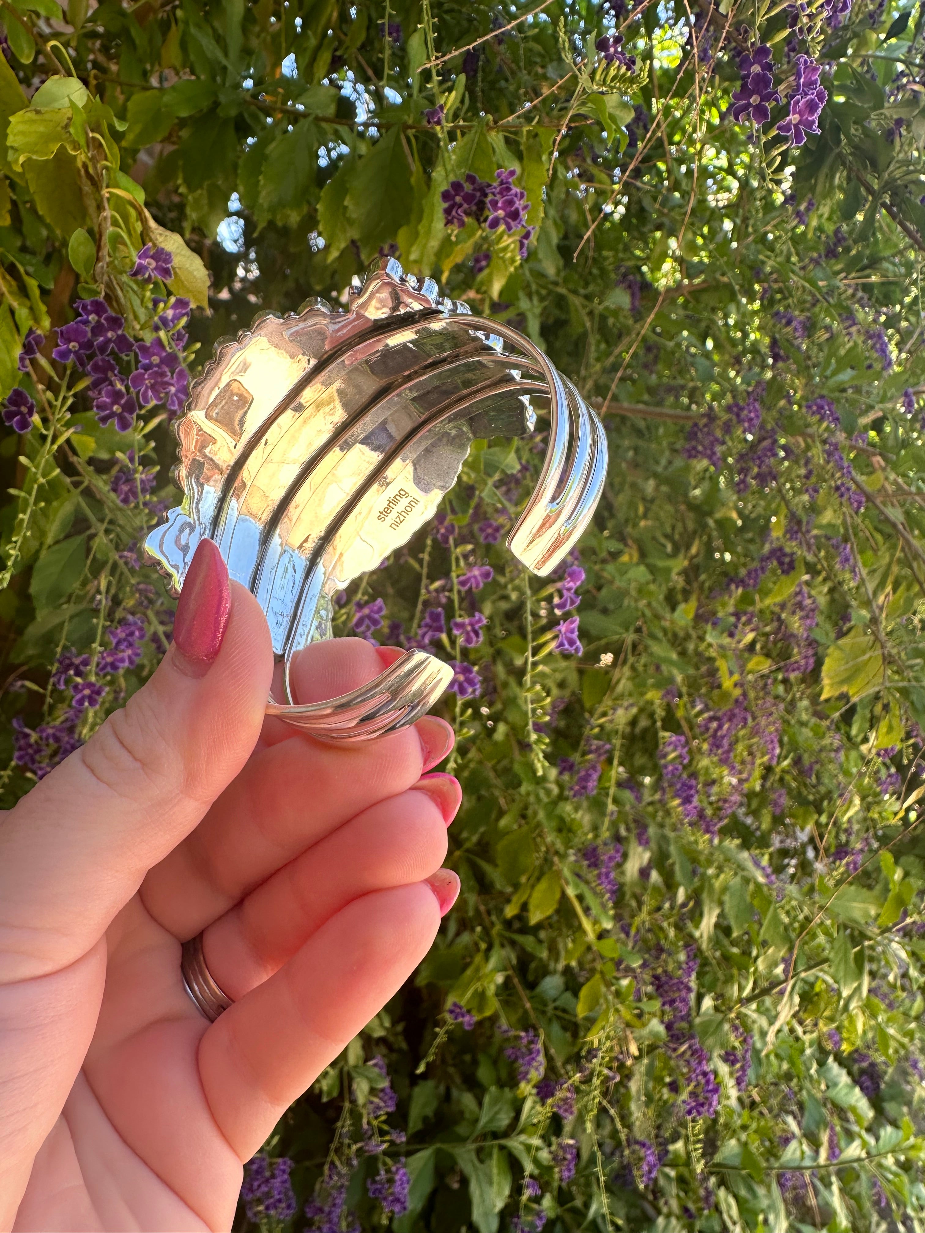 Handmade Sterling Silver & Light Pink Fire Opal Cluster Cuff Bracelet Signed Nizhoni /