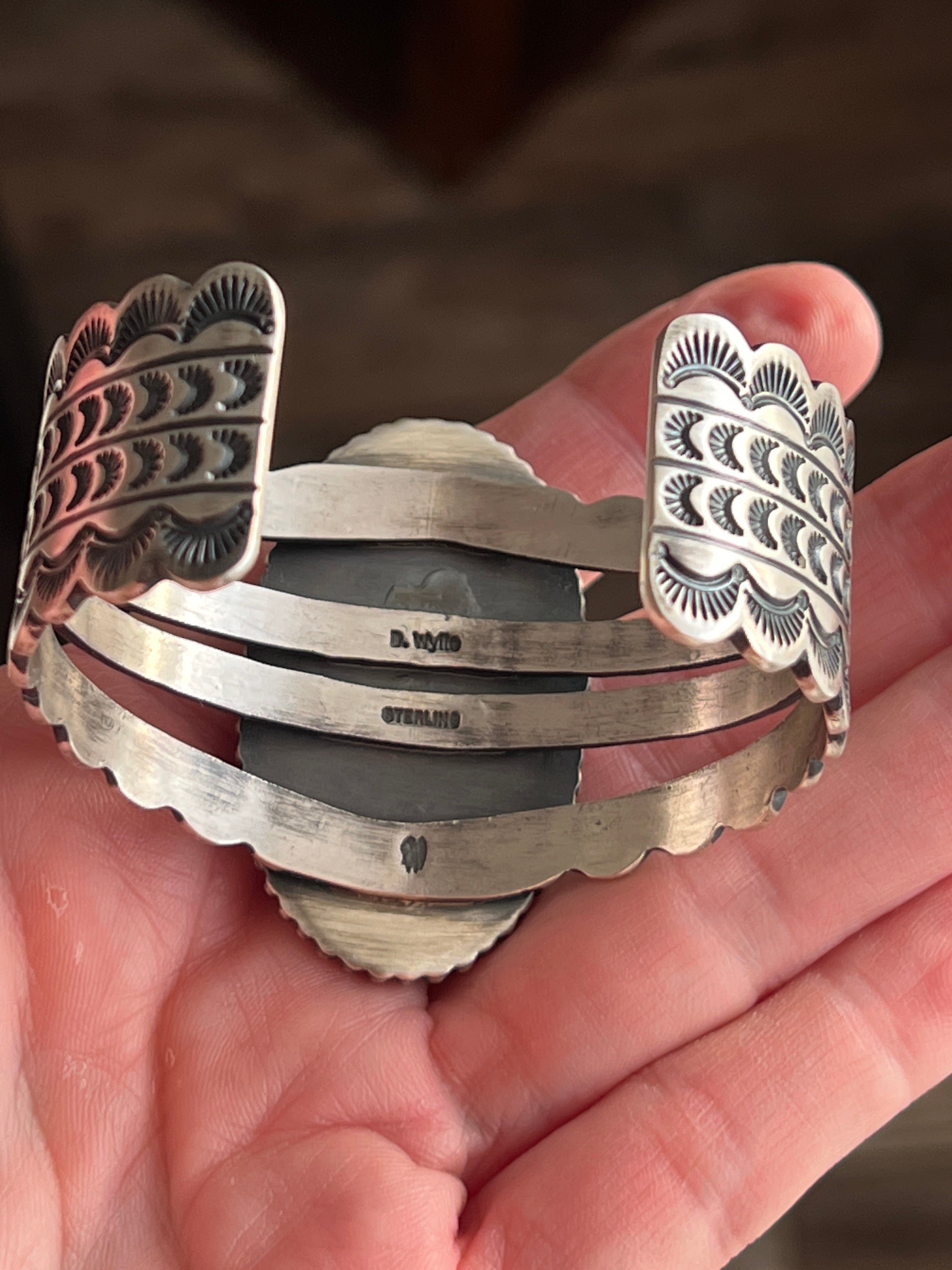 Handcrafted and Hand Stamped Sterling Silver and Royston Turquoise Cuff Bracelet by Diane Wylie