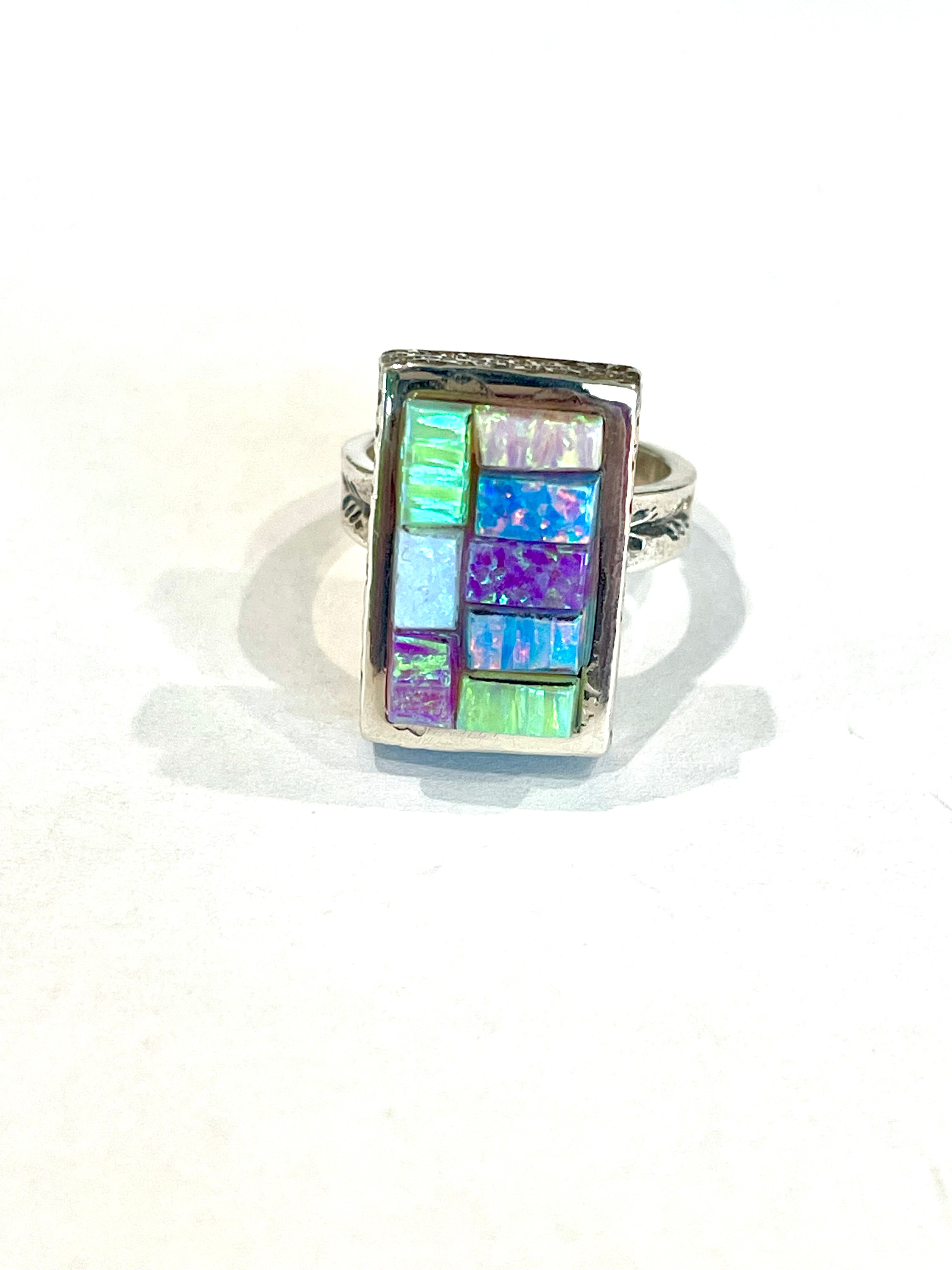 Handmade Sterling Silver & Multi Stone Inlay Ring Size 7.75