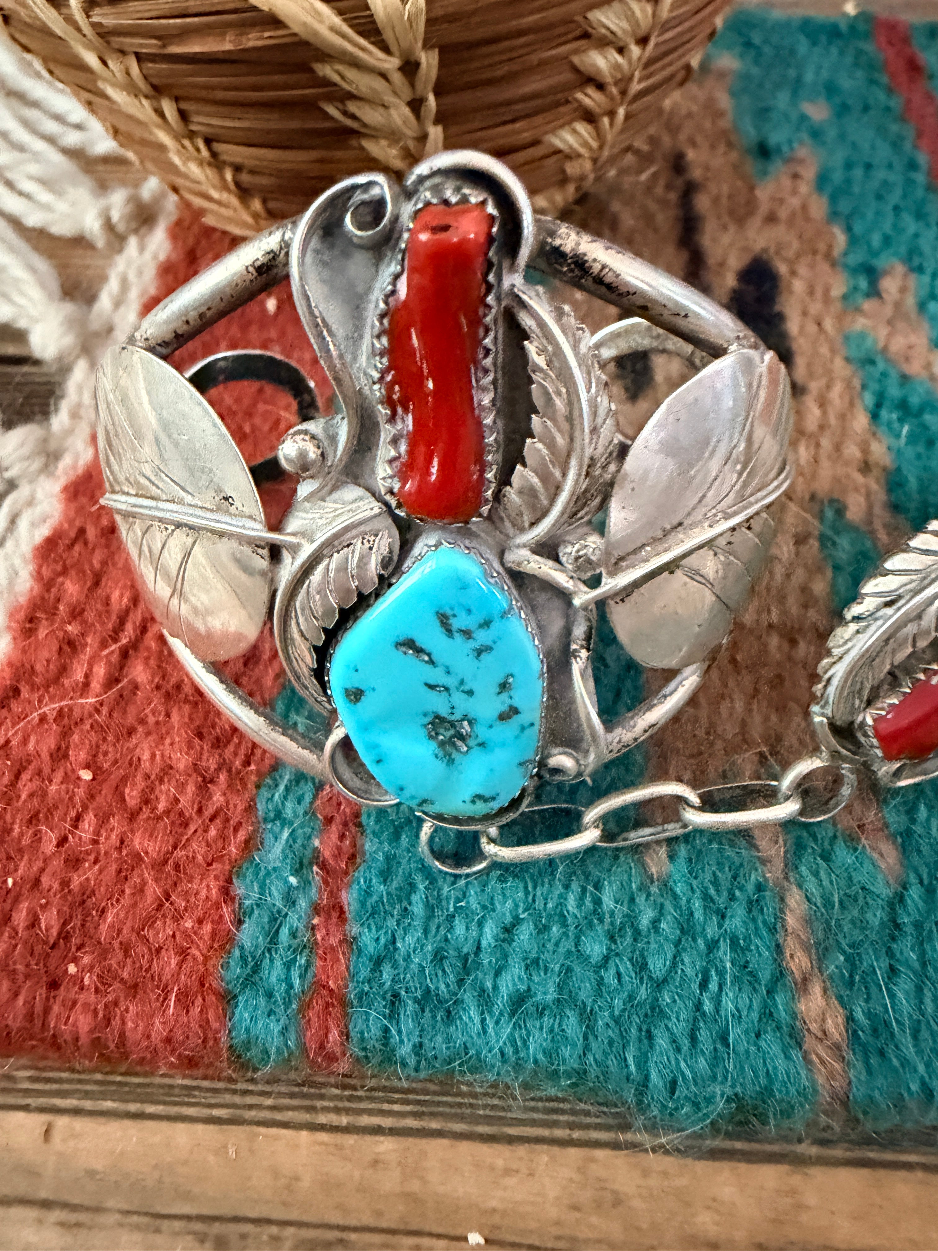 Handcrafted Old Pawn Turquoise, Coral & Sterling Silver Cuff Bracelet with Hand Chain
