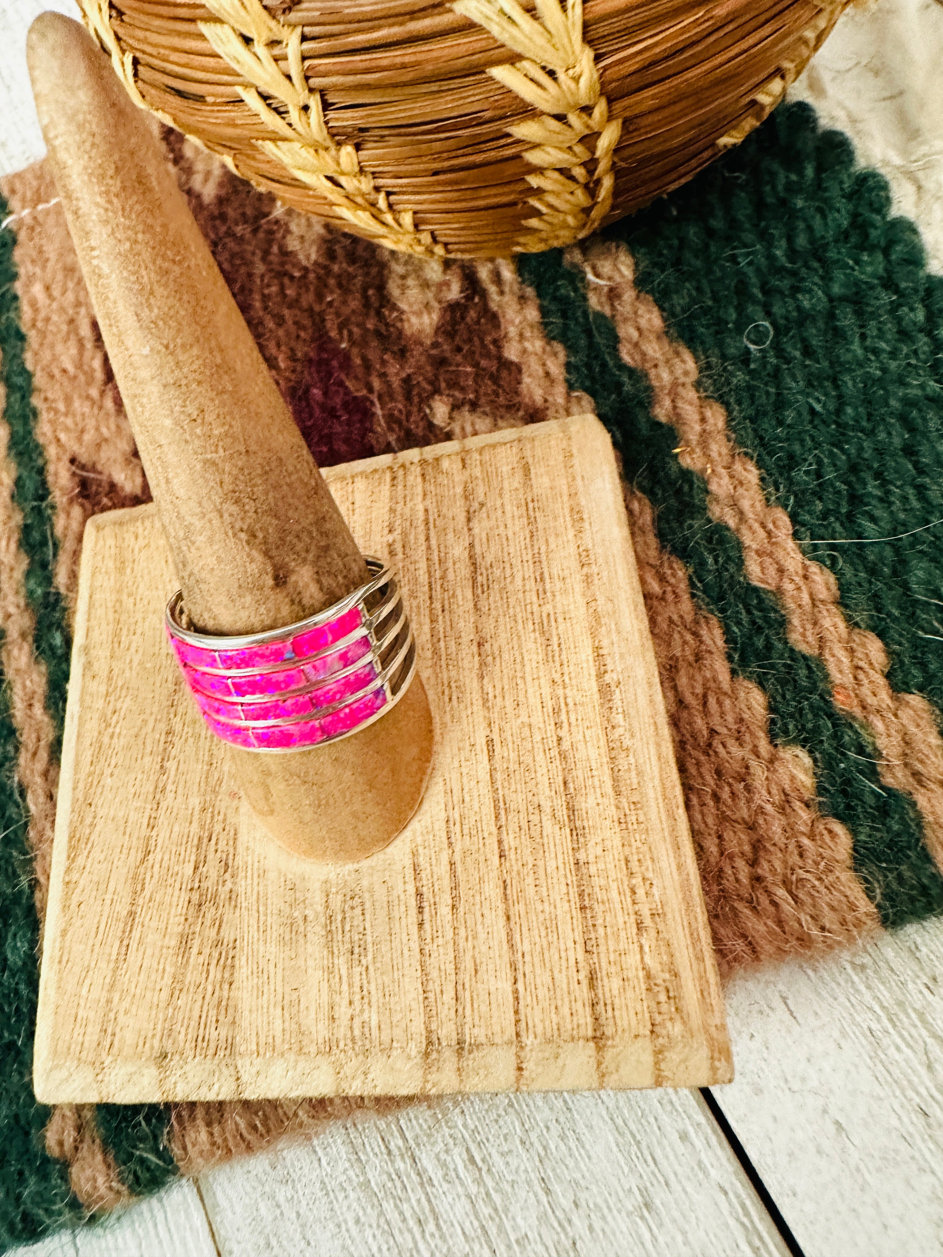 Handcrafted Sterling Silver & Pink Opal Inlay 4 Band Ring