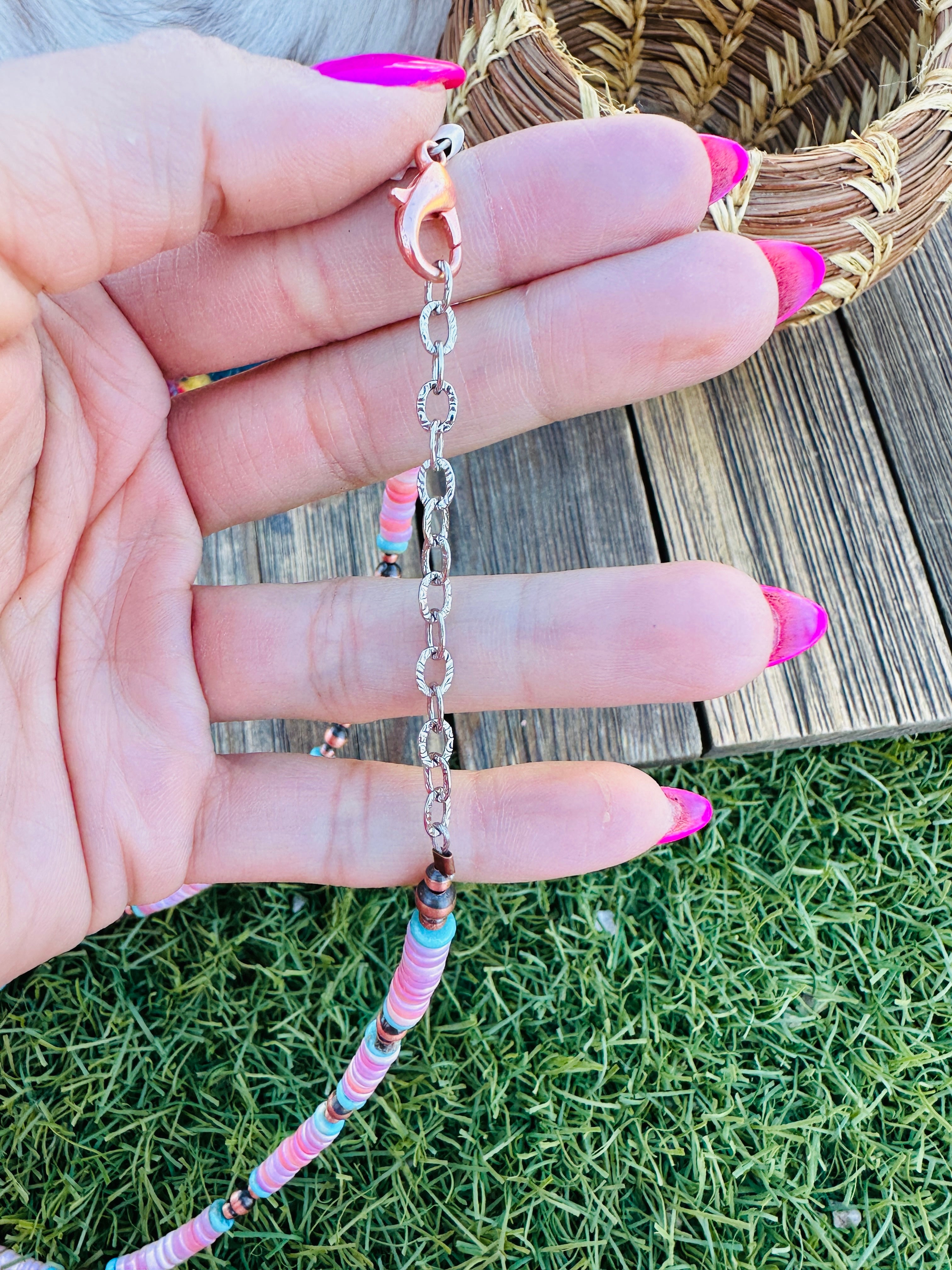 Handcrafted Queen Pink Conch, Turquoise & Copper 18” Beaded Necklace