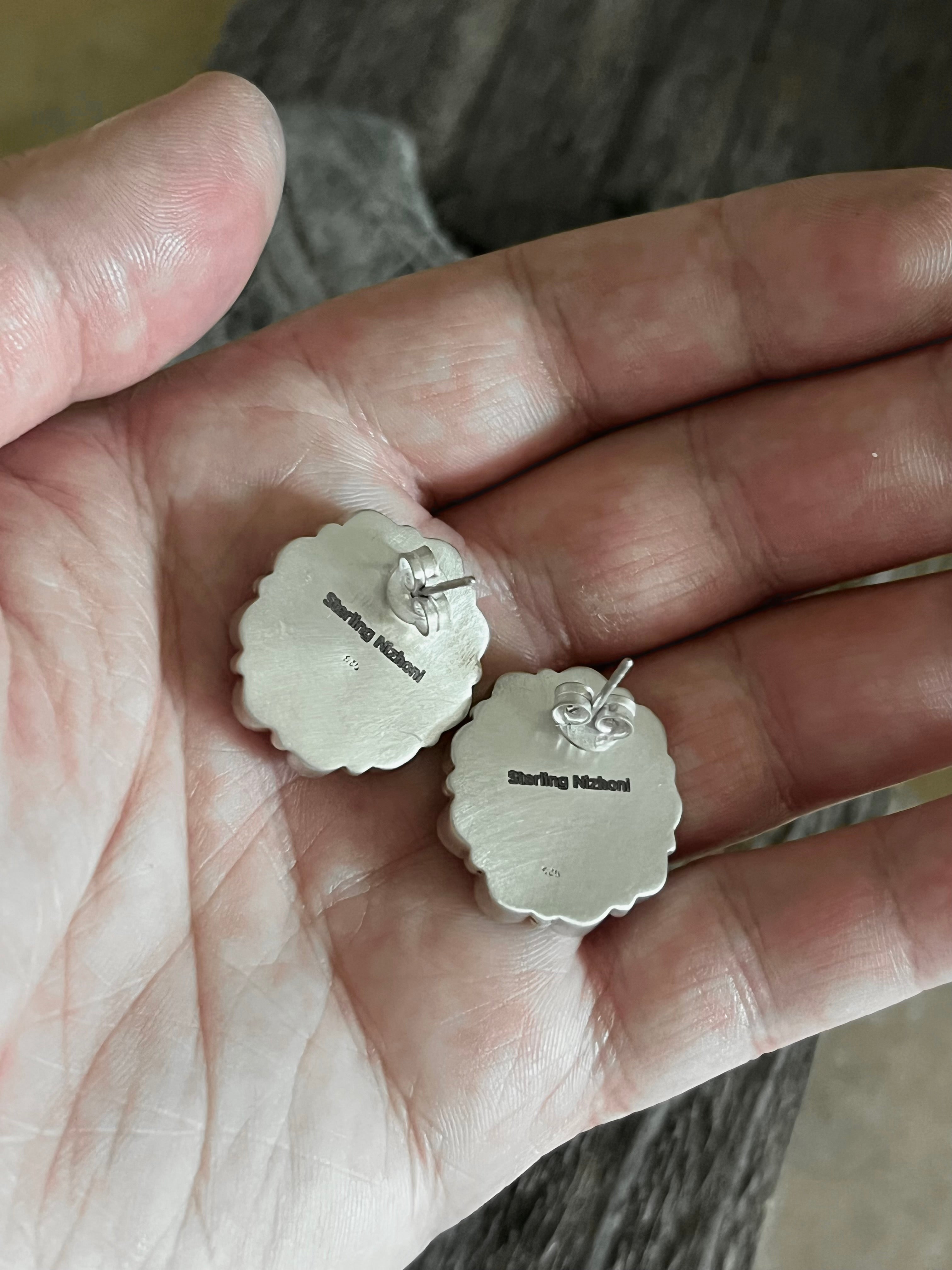 Handmade Sterling Silver Turquoise & Mother of Pearl Cluster Stud Earrings