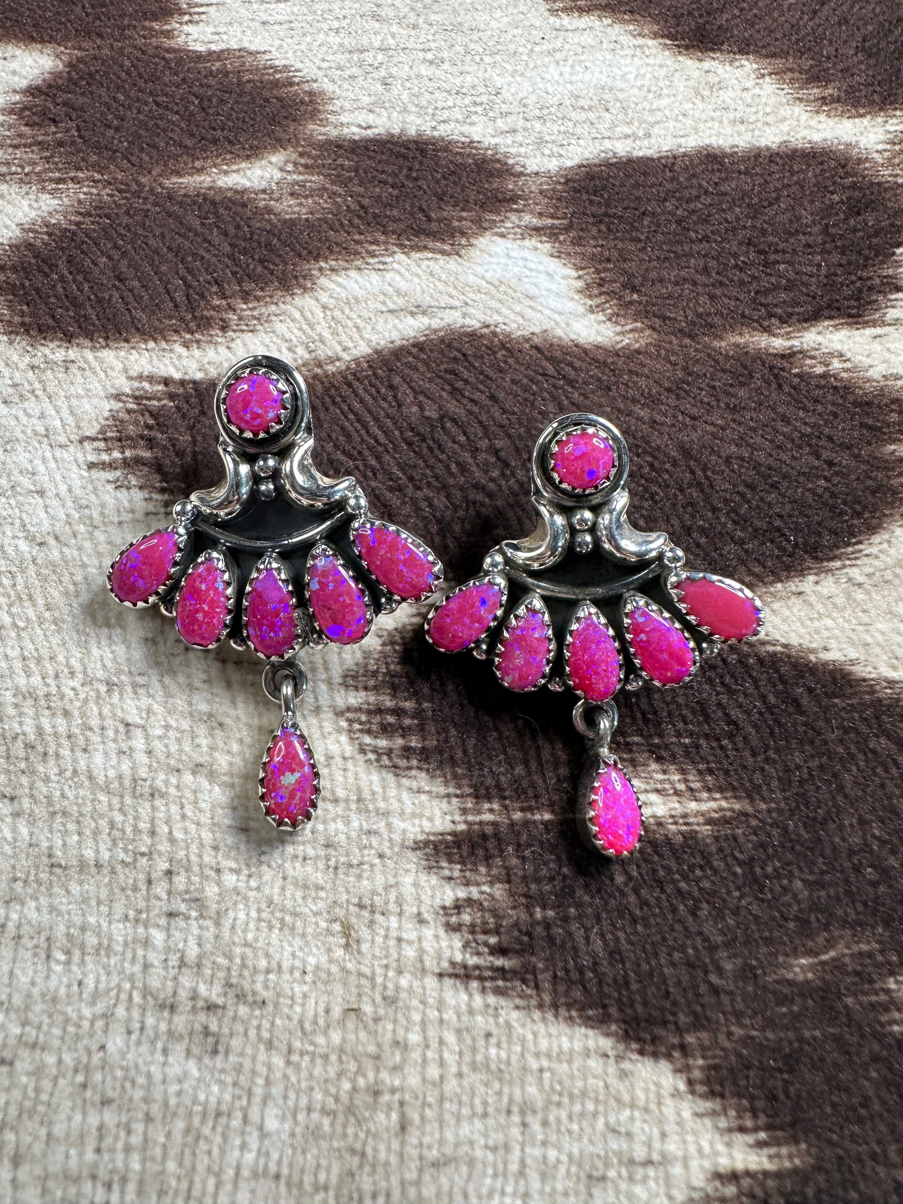 Handmade Hot Pink Fire Opal and Sterling Silver Post Earrings