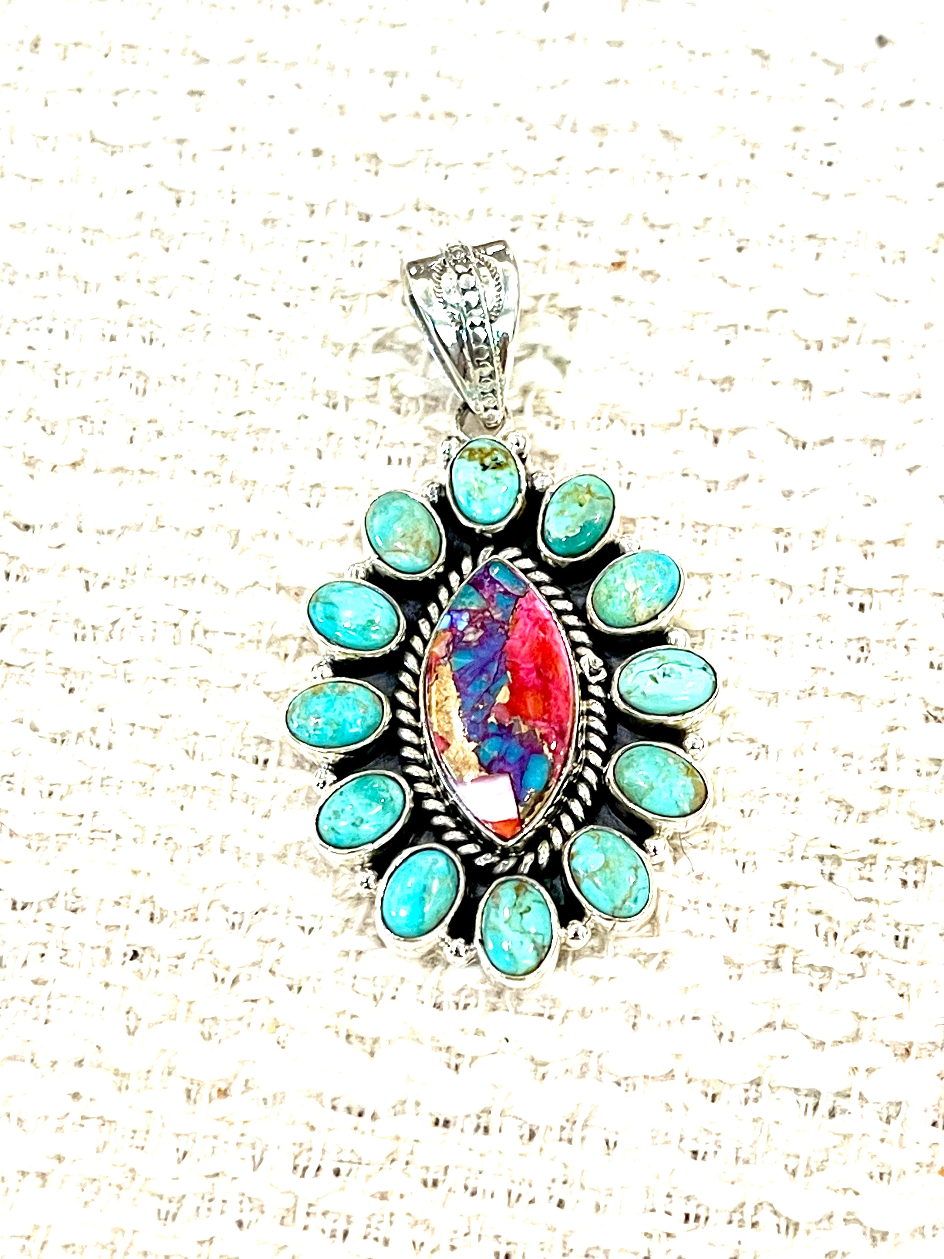 Handmade Sterling Silver,Turquoise & Pink Dream Mojave Cluster Pendant