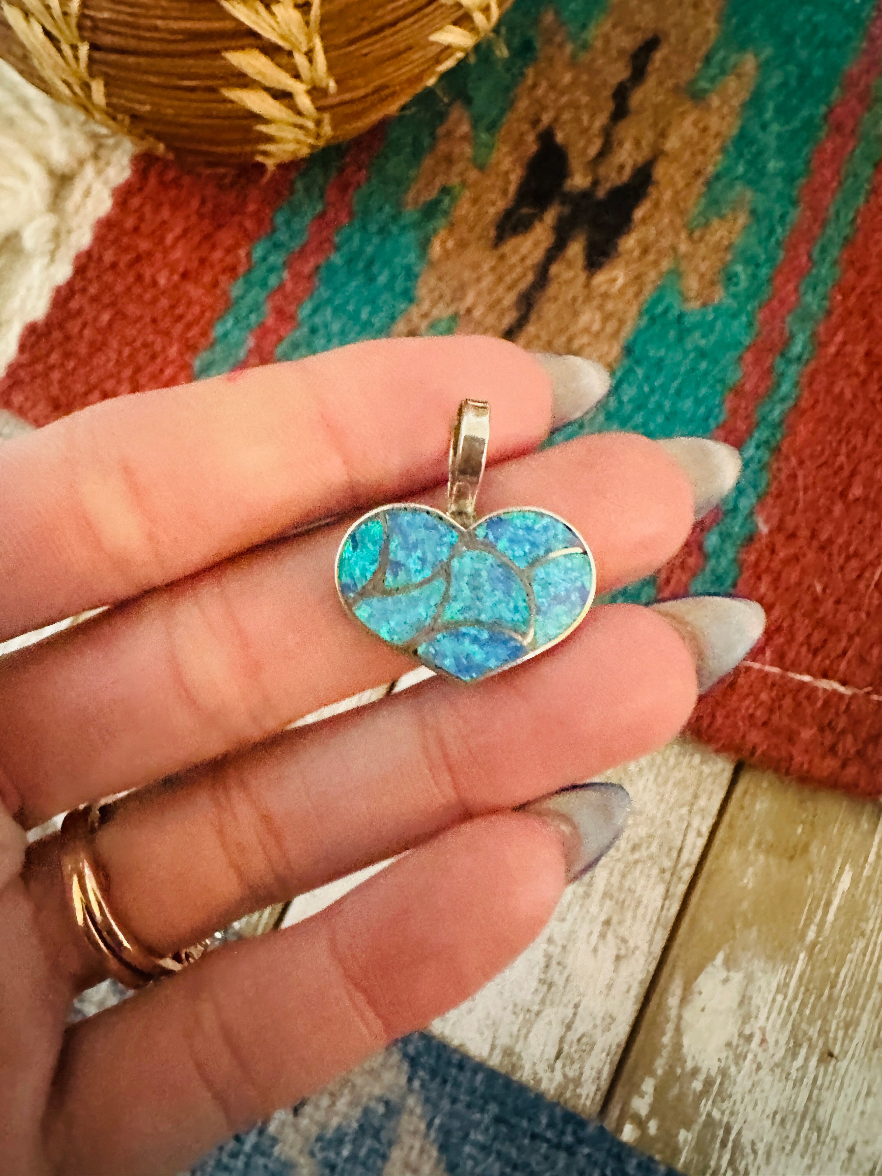 Handcrafted Blue Opal & Sterling Silver Inlay Heart Pendant
