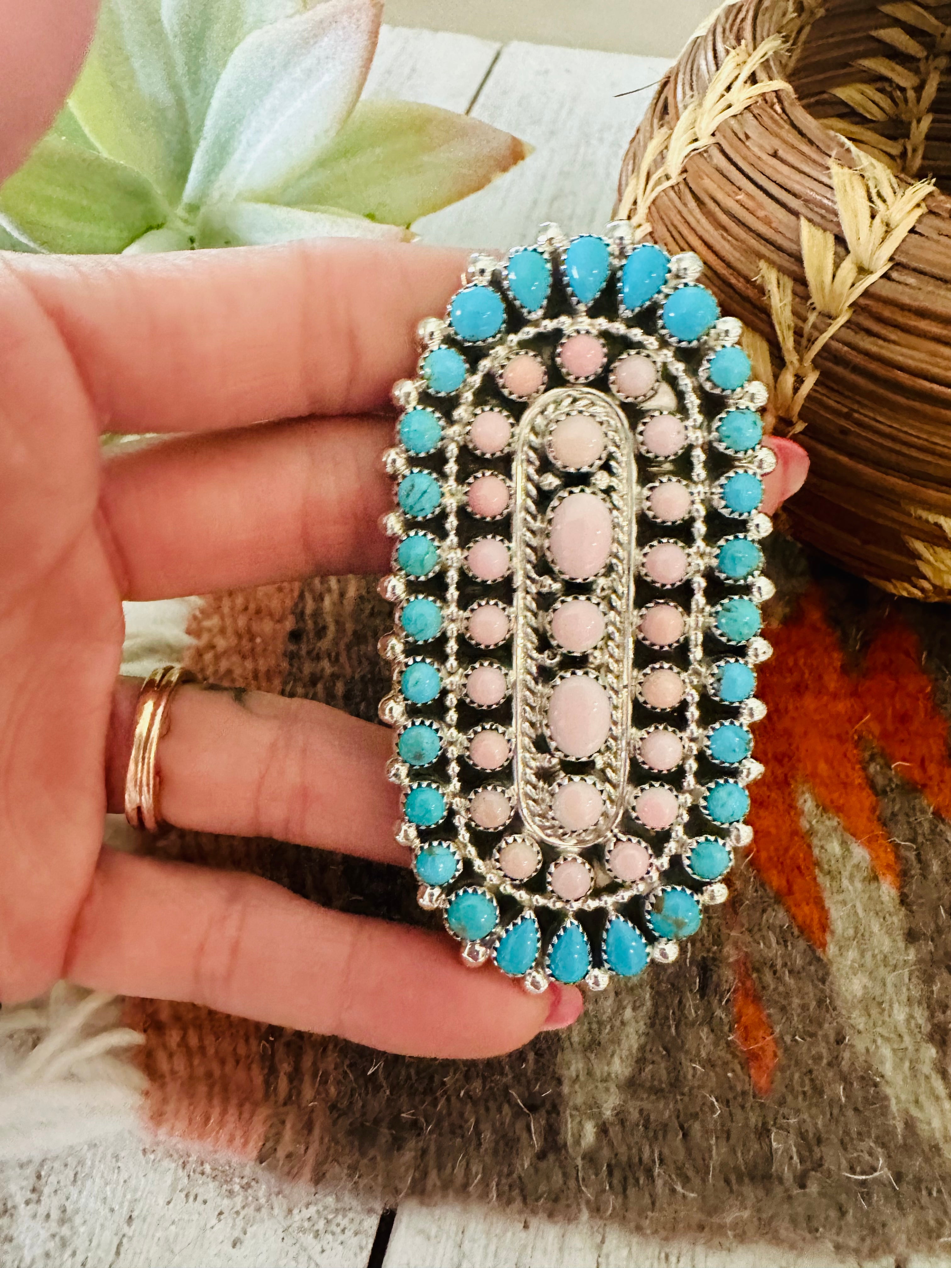 Handcrafted Sterling Silver, Turquoise & Queen Pink Conch Adjustable Ring