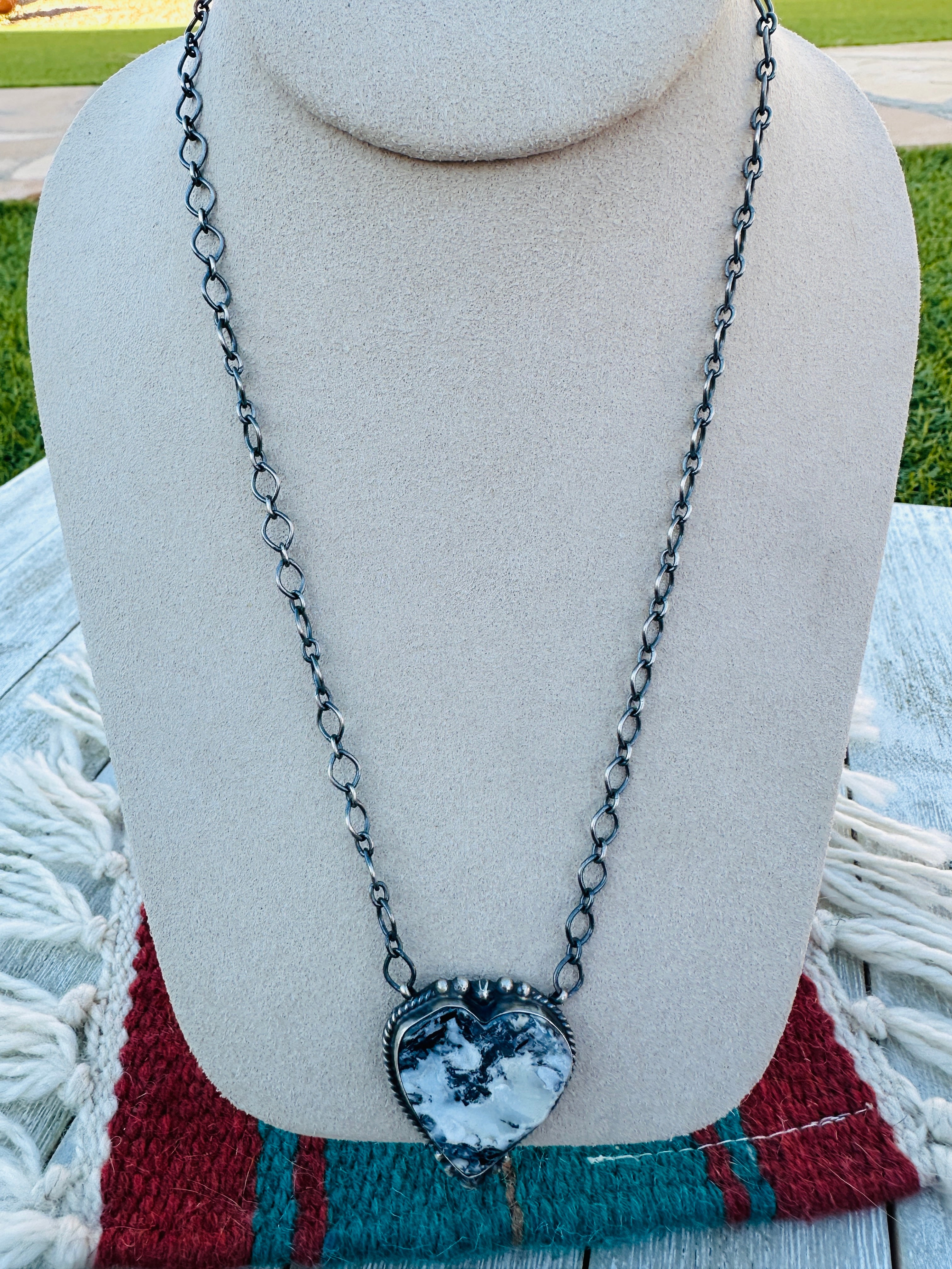 Handcrafted Sterling Silver 18” Link Chain & White Buffalo Heart Necklace