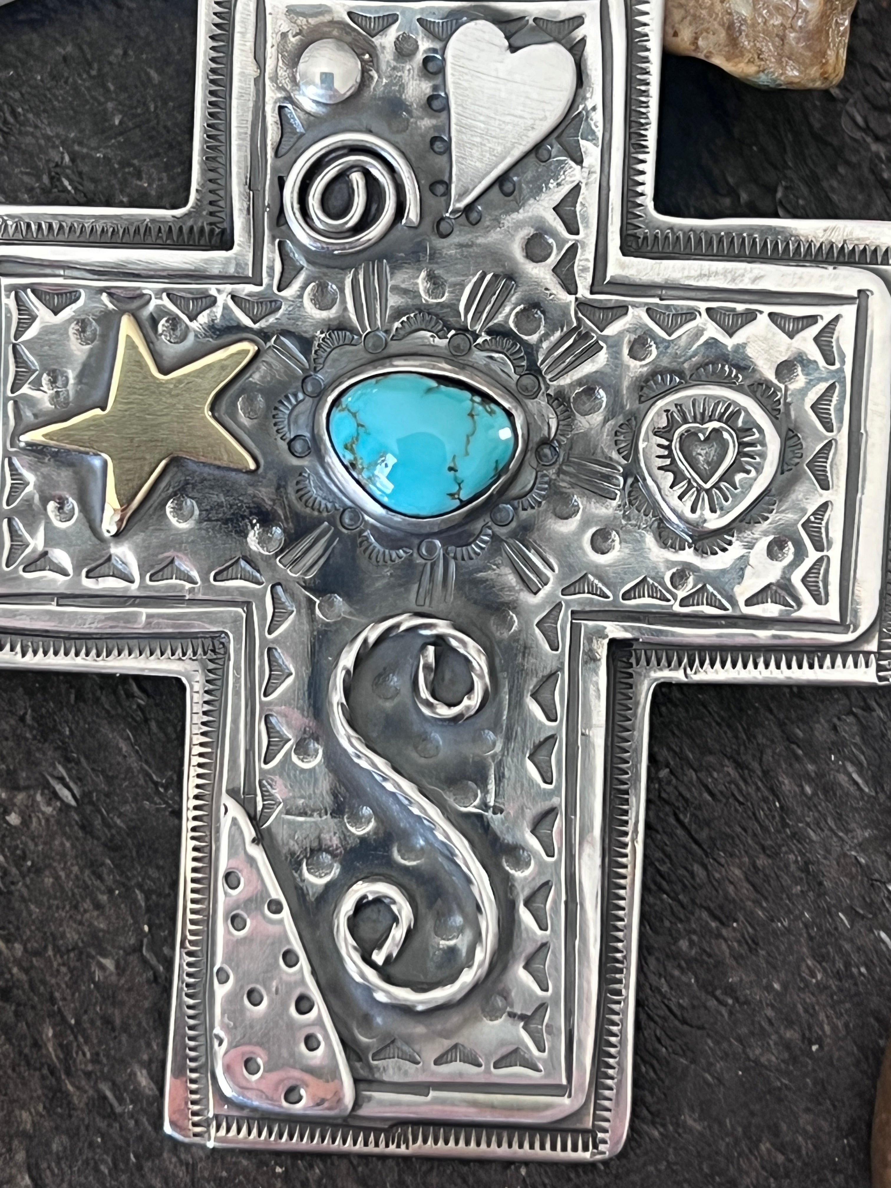 Hand Stamped Sterling Silver & Turquoise Cross Pendant by Kimari Somers