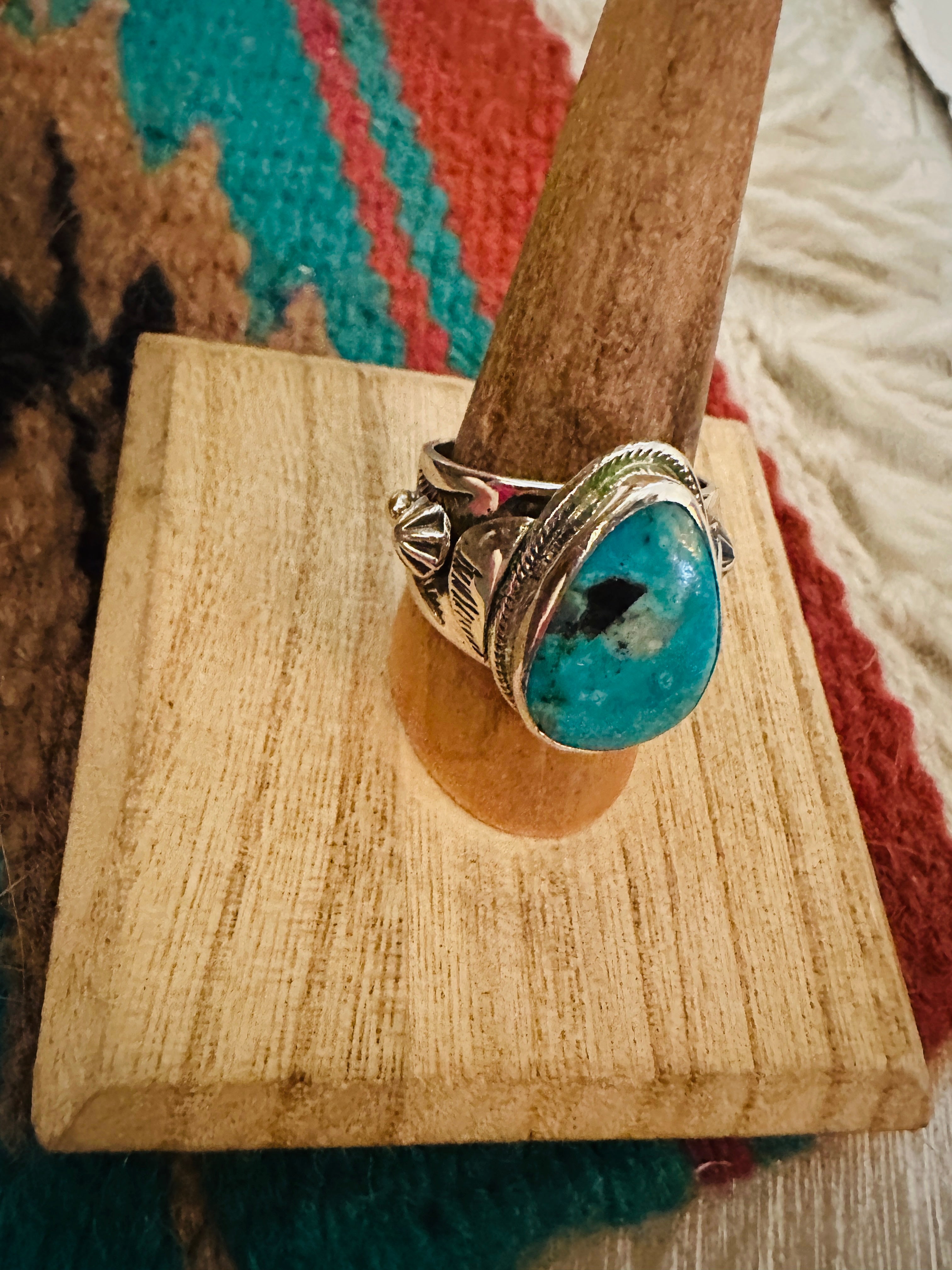 Handcrafted Sterling Silver & Turquoise Teardrop Cigar Band Ring Size 9