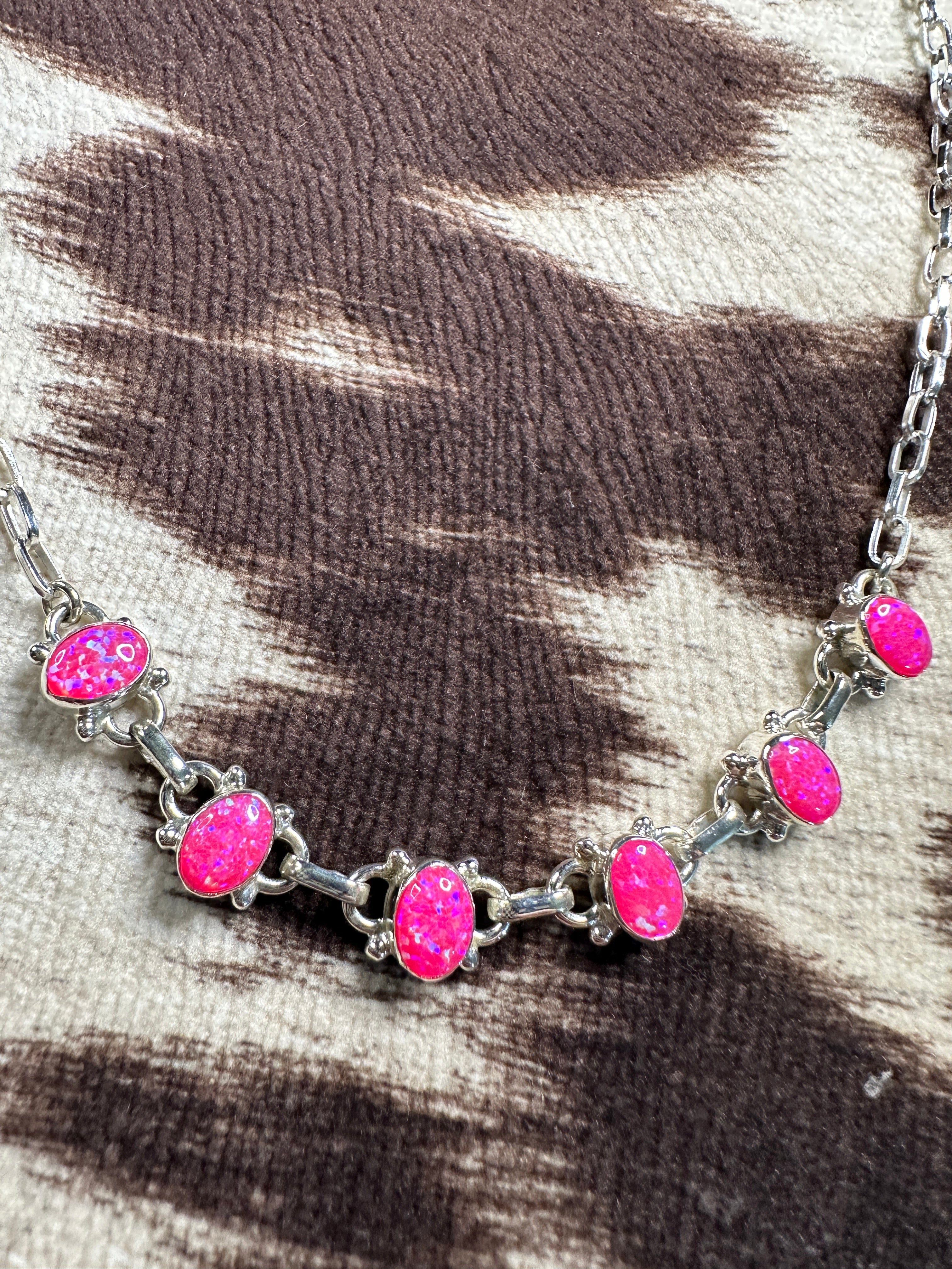 Handmade Sterling Silver & Hot Pink Fire Opal Necklace