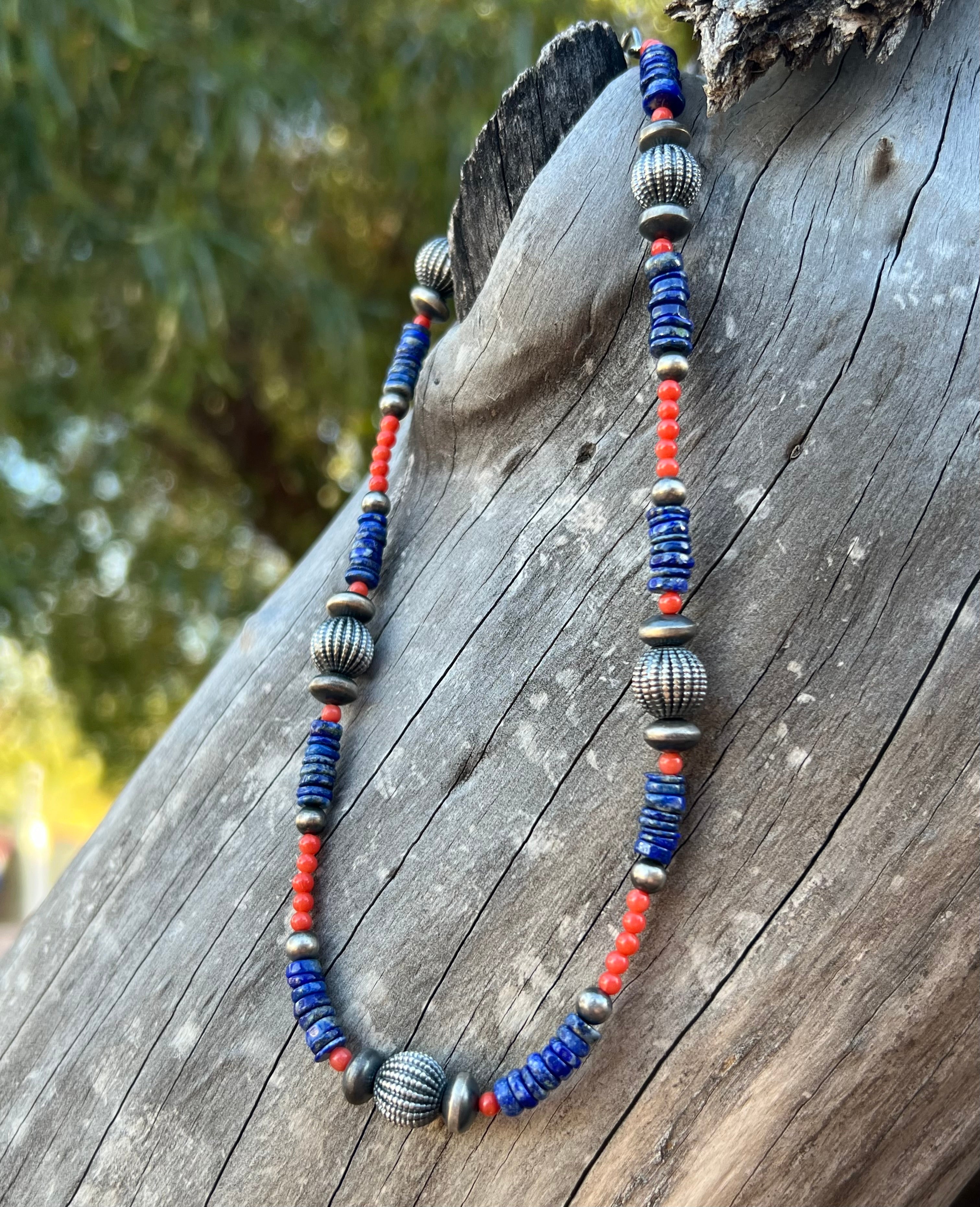 Handmade Coral & Lapis Beaded Sterling Silver Necklace