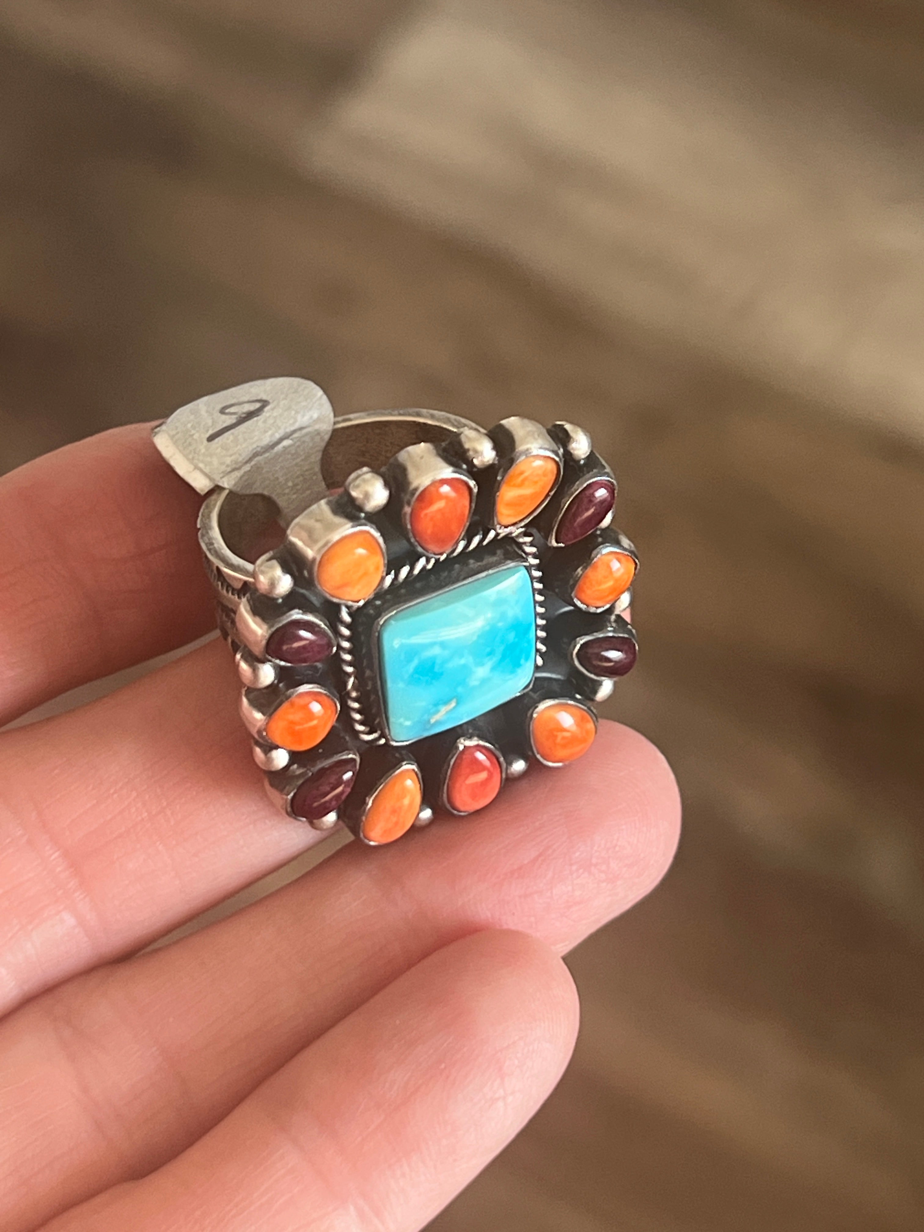 Navajo Electric Rainbow Turquoise and Spiny Oyster Ring by Angela Martin and Bernyse Chavez, Size 9