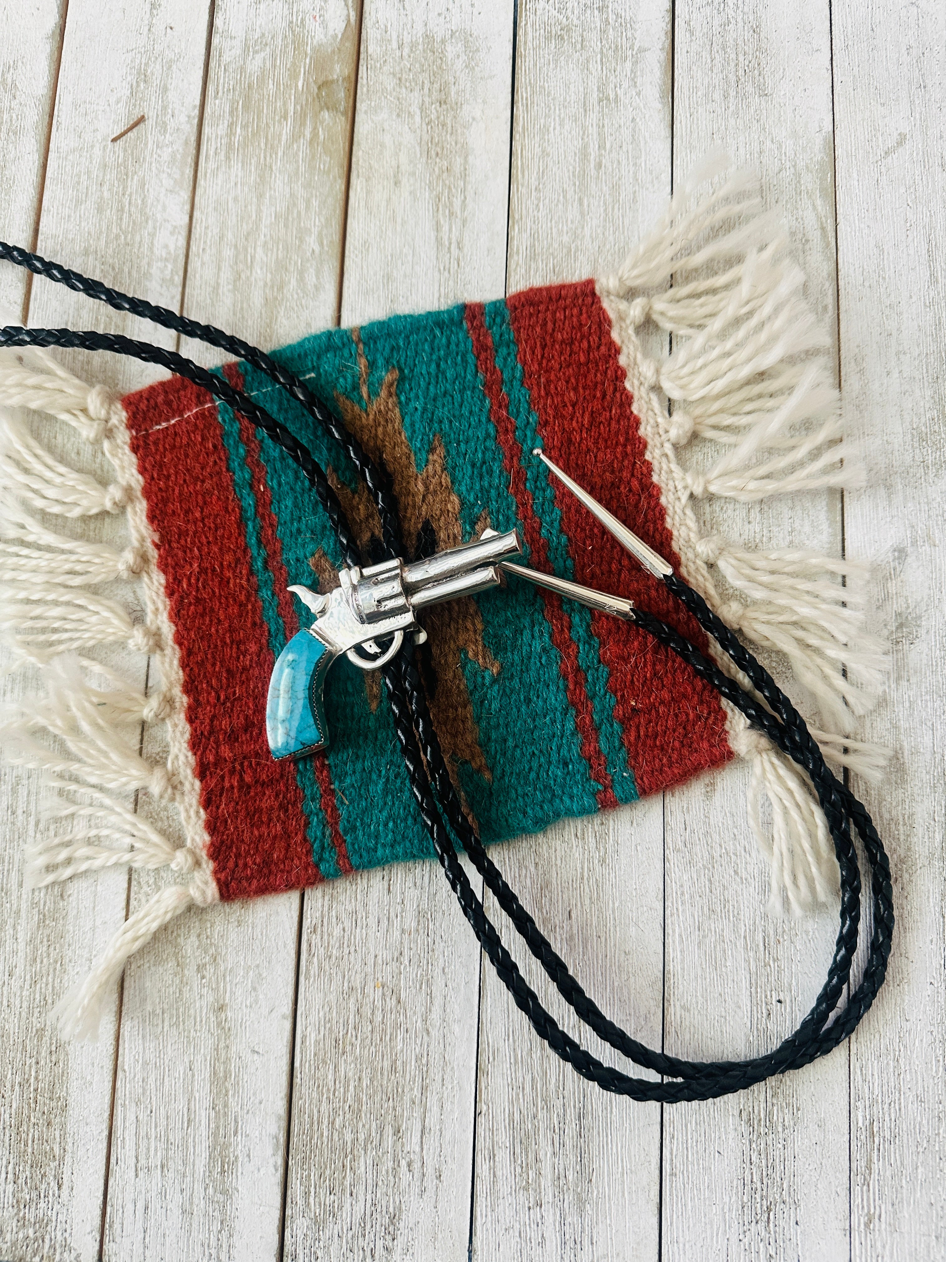 Handcrafted Sterling Silver & Turquoise Pistol Bolo Tie